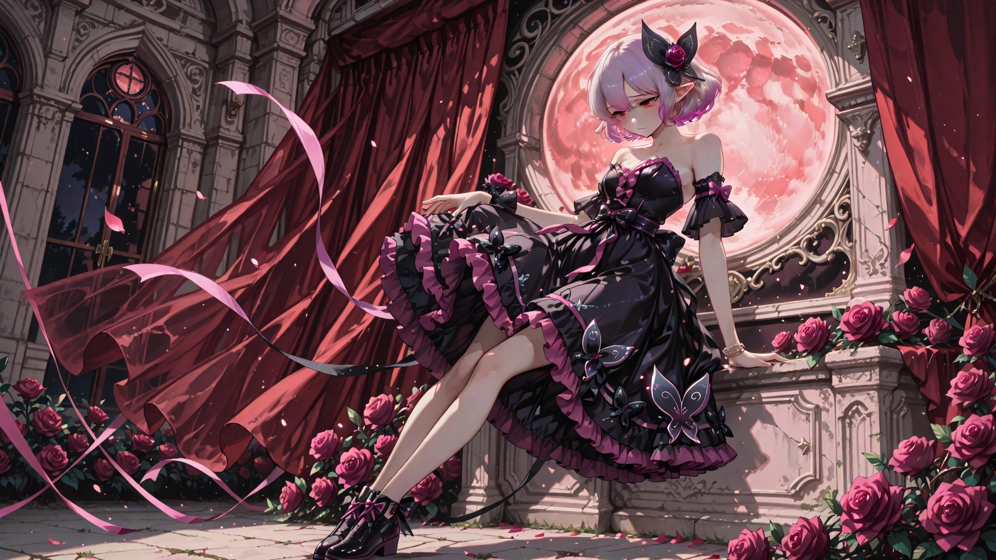 Masterpiece, top quality with lots of ribbons, anime, 2d, 1girl, (anime screencap), ( slim), alone, luc1didol
rest (gradient hair, pink hair, purple hair, pointy ears, short cut), outdoors
rest (Black Dress, strapless dress, Waist ribbon, black ribbon , pink ribbon, pink Frill, Frill, separated sleeve, bare shoulders, Black shoes , Black sleeve, short sleeve, clavicle, bracelet, hair ornament , butterfly hair ornament , Hair Flower , roses,),
rest ( full body, Dynamic pose:1.2), (Red eyes, tearful)
rest , red curtain stage, bright moon .