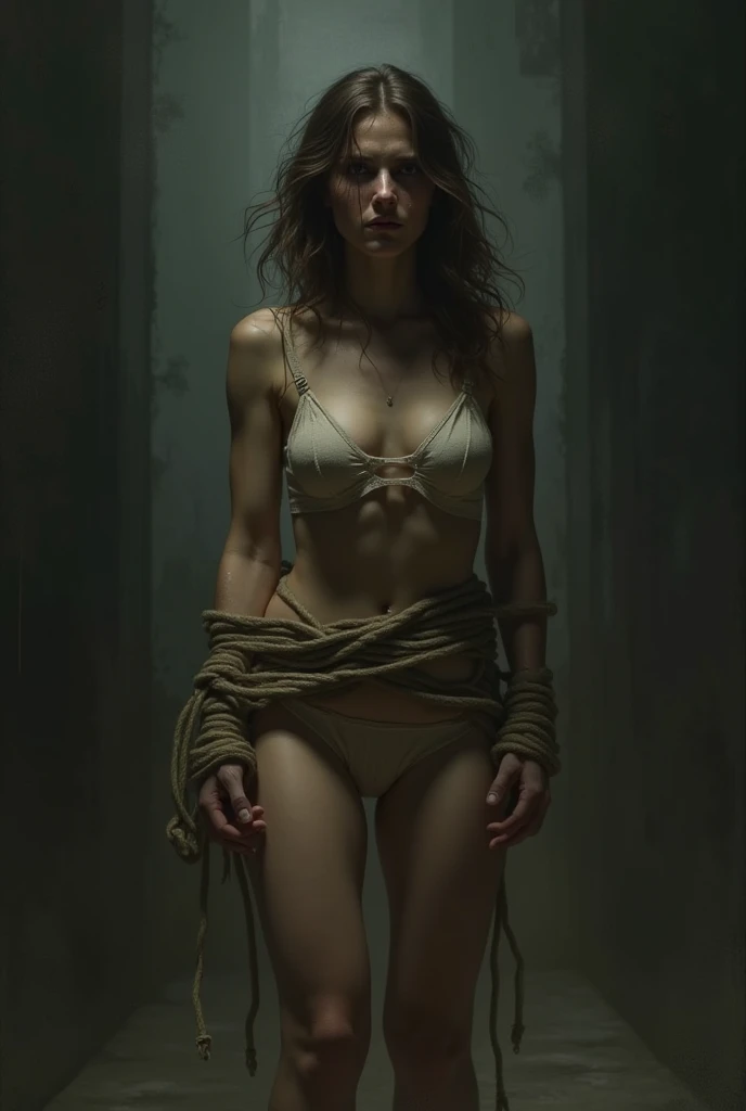In a dimly lit room, a nude woman is tied up with a rope, her arms bound behind her back. She appears to be distressed, with her head bowed and body tense. The woman has long hair and is wearing a bracelet on her wrist. The focus is on her face and upper body, highlighting her vulnerability and helplessness. The image evokes a sense of captivity and fear. The woman''s body language suggests she is in a state of discomfort and distress. The scene is unsettling and raises questions about the circumstances surrounding her predicament.