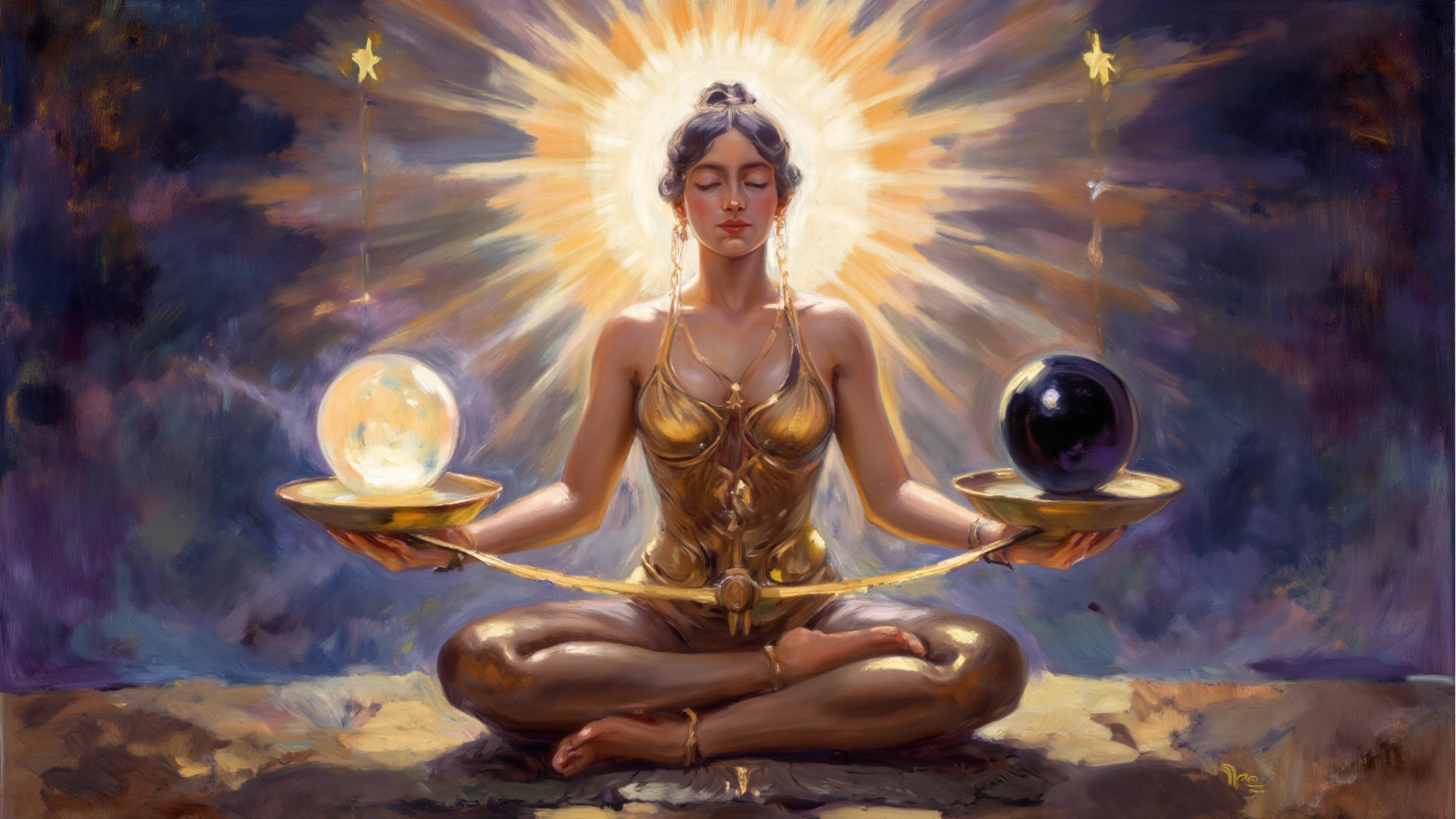 A statue of a woman seated in a lotus position exudes serenity, her visage directed toward the starry backdrop. The circular motif, amplified by the star above her, underscores the balance between inner and outer universes: statue of woman seated:1.3, lotus position:1.2, exudes serenity:1.2, visage directed toward backdrop:1.1, starry backdrop:1.1, circular motif:1.1, balance between inner and outer:1.1. , alchemy:2<lora:Alchemy_sdxl:1.0>