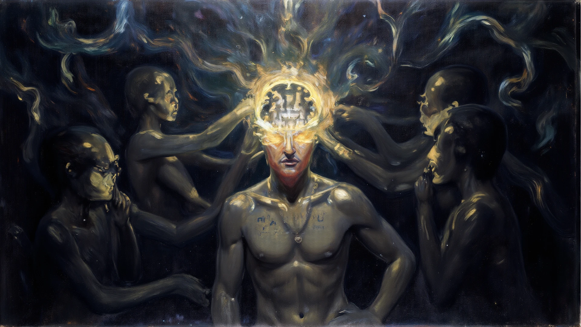 a painting of a man with many eyes and a face surrounded by flames, alex grey art, alex grey and beksinski, alex gray, style of alex grey, by Alex Grey, alex grey style, alex grey and tim hildebrandt, hyper detailed visionary art, hyper - detailed visionary art, inspired by Alex Grey, alex grey and gustave dore