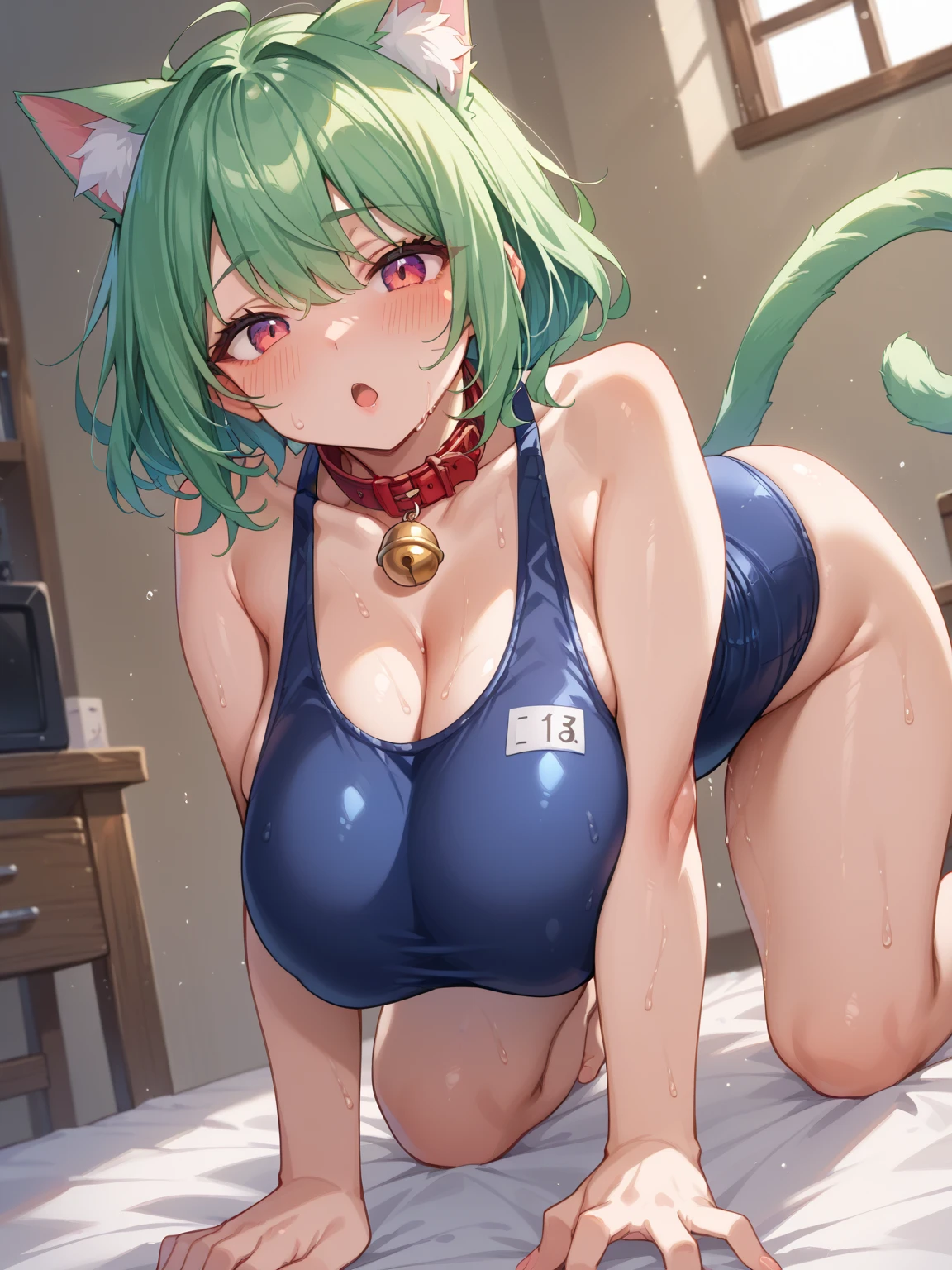 Pretty big breasts, short hair, full body view, naked, smiling and staring at you, rainbow hair, pretty chubby, pretty cute butt, cat ears