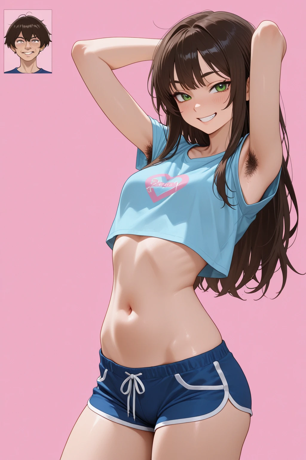 Beautiful fitness girl,There are four abdominal muscles,Muscles on the arms,But still very slim,plump,No underwear,A piece of cloth wrapped around the chest,Green eyes,Long dark brown hair,Holding a bottle of water in his hand,Smile,White background painting,One long hair,Green shorts
