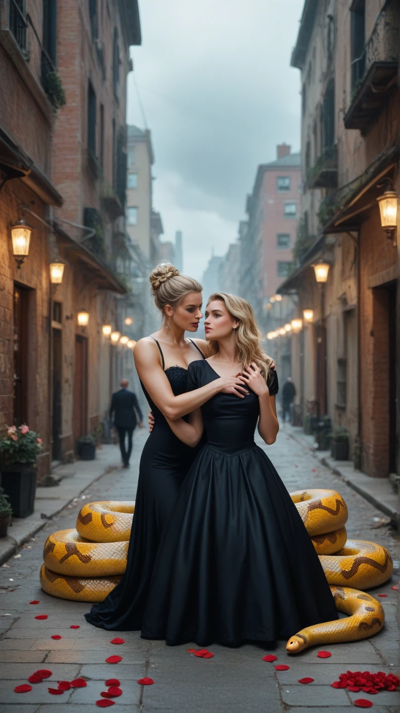 lesbian women kissing women, very good women wearing short blazers with very detailed (long (fully pleated) full circle skirts) and (simple) low heeled office shoes, very very intricate hyper-detailed symmetric (attractive graceful young feminine faces) with (sad, tired eyes and a shy smiles), large breasts, full of empathy and compassion and love, (pronounced (feminine) features), (highly detailed ultra accurate realistic) hands and fingers, (windy conditions and wind blowing), epic composition, highly detailed attributes, highly detailed atmosphere, (35mm f1.4 Kodak portra 400 photograph), extremely high quality RAW photograph, detailed background, intricate, Exquisite details and textures,