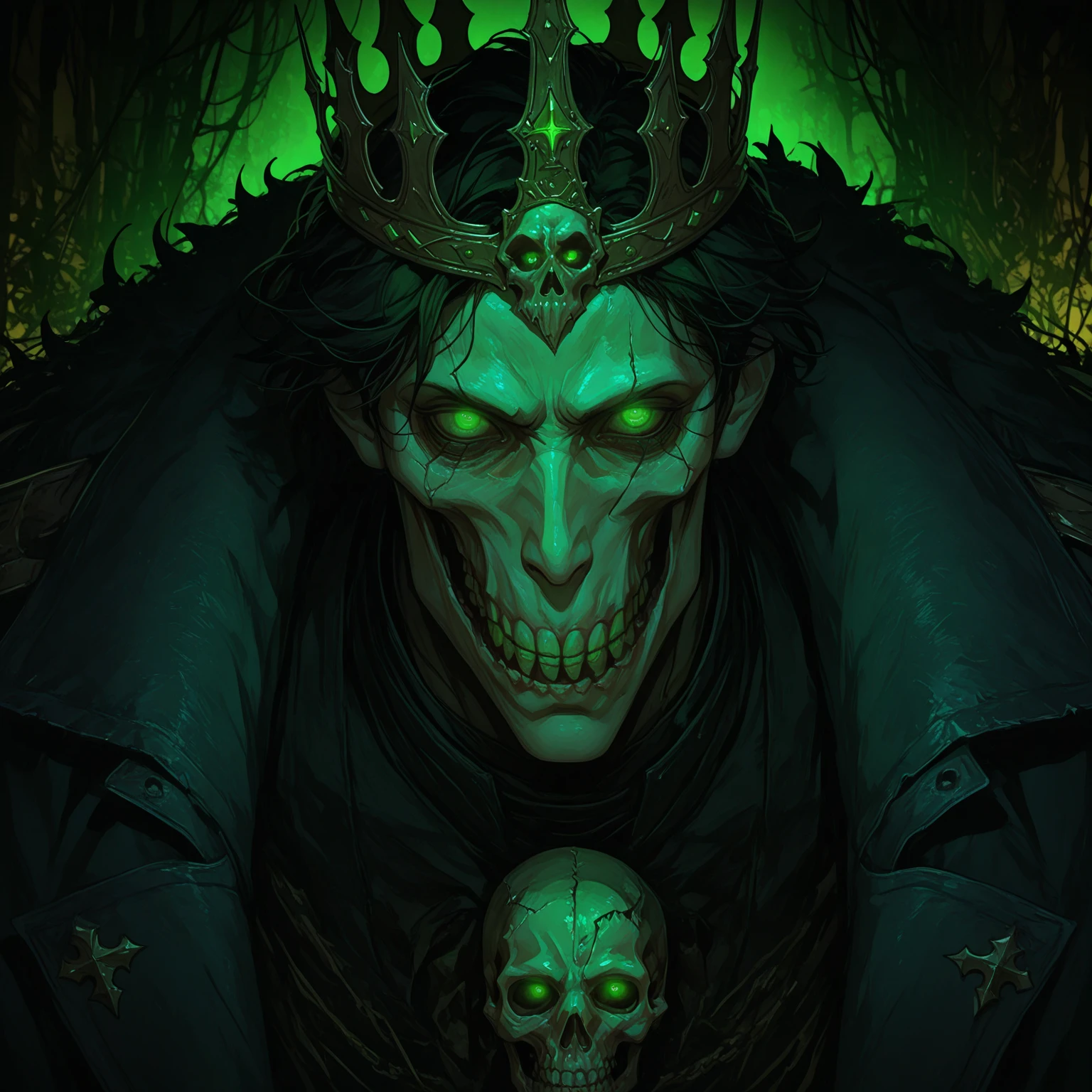 medieval portrait of the zombie king, black royal clothes, armors, undead, fancy, trends on ArtStation, art by Mike Azevedo and Alex Negrea
