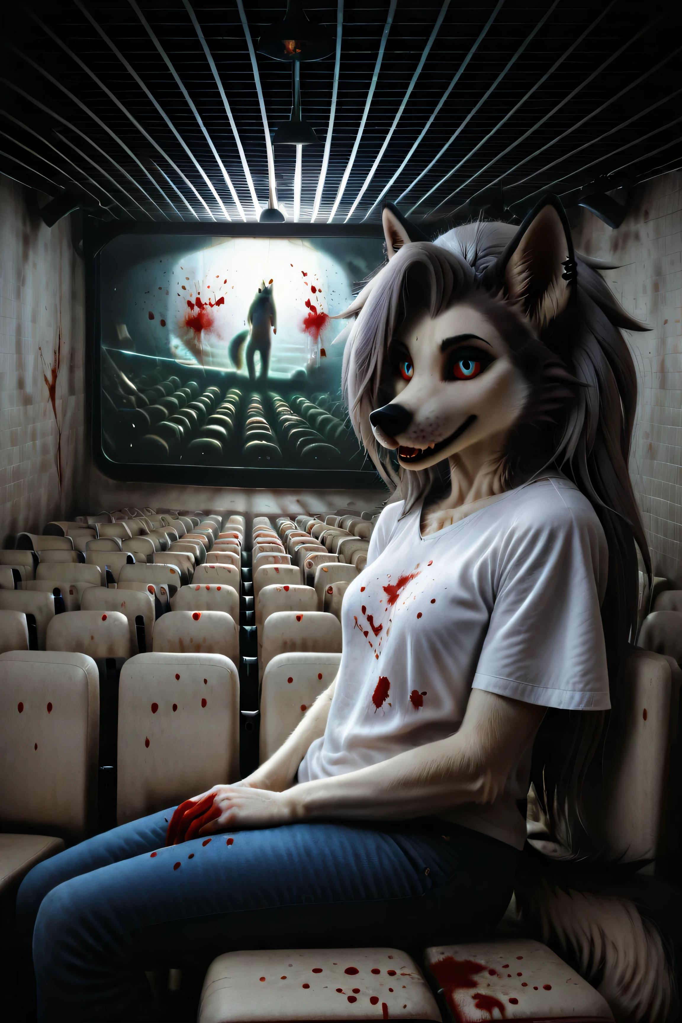 Loona, furry, fluffy tail, solo, t-shirt, jeans, sitting in a movie theater, holds in hands a striped tub brimming with popcorn, darkness, slightly from the side, superhigh-range shot, ultrahigh details, ultra-realistic photo, two-tone fur, gray fur, anthro, wolf girl, animal nose, wolf tail, red sclera, white iris, canine teeth, bangs, absurd res, detailed skin, detailed hair, extremely detailed, sharp focus, sharp details, 8k, ruanyi1050, blood splatter, indoors, cinema,