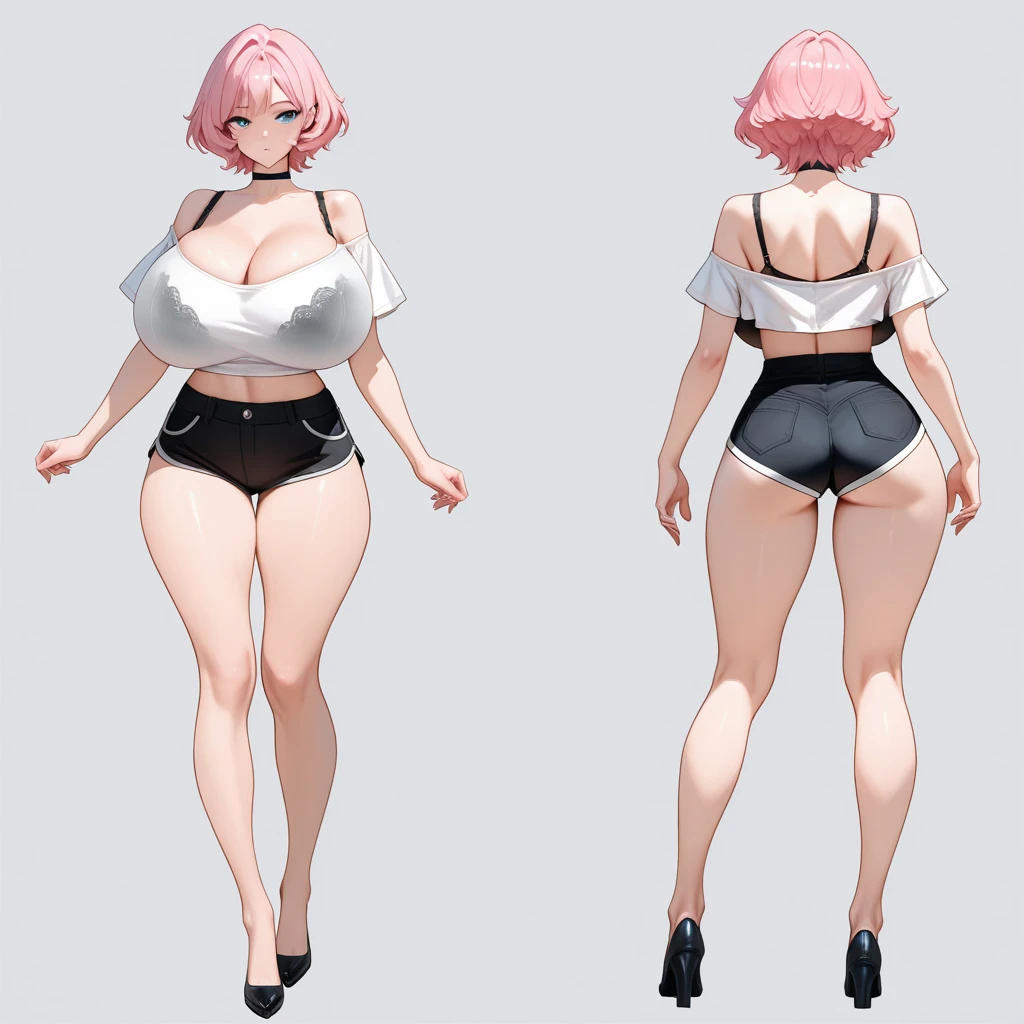 Female original character reference sheet adoptable, pink hair, (short bangs hair:1.36), detailed brown eyes, narrow waist, depth of field, 1girl, (on a background:1.3), (full body), pose, big breasts, wide hips, athletic figure, ((thigh cutout)), (((dark skin))), oily skin,