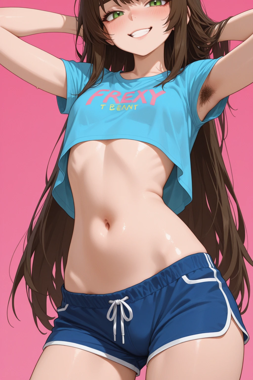 (super flat, flat shading, flat color:1.1)、(magazine cover)、An illustration、(One Asian boyish girl)、(cute:1.2)、Very beautiful 14 year old girl manga、nice smile、cheeks are red、(high detail skin: 1.2)、Photorealistic anime girl rendering、Realistic anime 3D style、cuteボブカット、beautiful brown hair、intense black eyes、strong eye highlights、(be familiar with、Medium chest)、perfect anatomy、hair is dirty、((sweaty)、Pale pink underwear、((wet with water))、thighs are open、head tilt、volume lighting、soft light、bright、neon、bright色、watercolor painting、sit on the bed