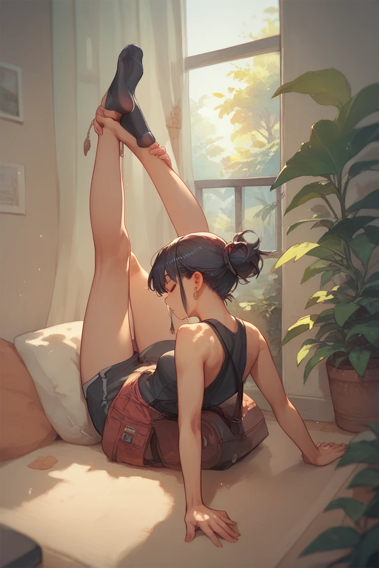 1girl, lara croft /(tomb raider/), tomb raider,livingroom,abandoned house,full body shot,hanging upside down, with a rope wrapped around its legs and coming out of the ceiling,perfect eyes,perfect hands,masterpiece,very aesthetic,newest,sensitive