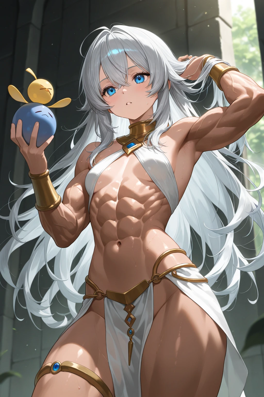(1 girl), (((Velzard de tensei shitara slime datta ken))), She has fair skin, eyes the color of blue diamonds and long, shiny, pearl-white hair reaching down to her waist, (((she wears a blue pendant in the shape of a star and a golden headband))), (wears a very short black bikini), large breasts, thin arms, (muscular belly), (((muscular legs))),(standing) , (cold smile), slim waist, bare feet and very detailed, beautiful feet and well-shaped toes, (((night beach scenery with starry sky and blood moon in the sky))), twintails, empty eyes, empty eyes , empty eyes, eye reflection, glowing eyes, bad mood, anime, anime style, ray tracing, cinematic lighting, panorama, Sony FE, UHD, masterpiece, anatomically correct, super detail, high quality, best quality, high resolution, 16k