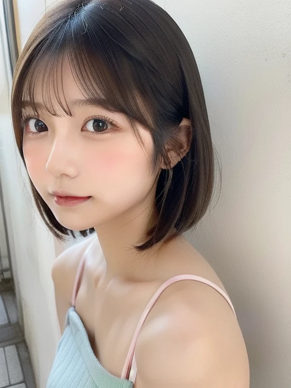  (8k, RAW Photos, highest quality, masterpiece:1.2), High-quality RAW color photos, Professional photos, (Realistic, photo Realistic:1.37), Cinematic Light, 1 girl, Laughter, White wall, Shot in front of the window, (A room with large glass windows), Various poses, break (Ombre:1.3) , Simple Necklace, (Beautiful profile:1.3), profile, Dark Brown Hair色, Short hair 20 years old, 1 person, ((Beautiful female announcer,A kind smile:1.5)),
((Gorgeous Earrings, Long Necklace:1.2)), 
((A black satin dress that fits perfectly to the body:1.5)),
((Sitting on the floor, Look up, No bra, See-through:1.5)),
(Full body image from thigh, Pay attention to the beautiful thighs:1.8), 

((Sexy atmosphere, Sexy pose, Staring with an erotic gaze:1.5)),
((Stand on your feet, Focus on cleavage:1.5)),

((luxury hotel bedroom bed, The midsummer sun shines on the whole)), 
((The large windows overlook the ocean horizon.:1.2)), 

Flexible body :1.3, Model Body Type:1.5, 頭w:1.4, Perfect Style：1.4, 
Realistic skin texture, Fair skin, Shiny skin, Healthy thighs, 
Highly detailed face, Slim face contour, Beautiful small face, Beautiful Nose, 
Ultra-detailed eyes, Slit eyes, Brown eyes, double eyelid, Ultra-thin eyebrows, Thin, long eyelashes, 
Ultra-detailed lips, Plump and moisturized lips, Glossy pink lips, Flushed Cheeks, ((White beautiful teeth)), 
Beautiful actress&#39;s ennui makeup, Pink lipstick, Smoky eyeshadow, Eye foundation, 
Dark Brown Hair, Delicate soft hair, Hair blowing in the wind, 
(Put your hair up, Medium Short Hair, Elegant curly hair:1.2), 
Layered Cut, (Blunt bangs:1.2), 
Mouth half open, Attractive look, Looking into the camera, 

((Lift your face a little)),
((Chest to chest)),
((Squint your eyes)), 
((Pursing your lips:1.2)),
((Cheeks turn red:1.2)),
((Flat Chest)),
