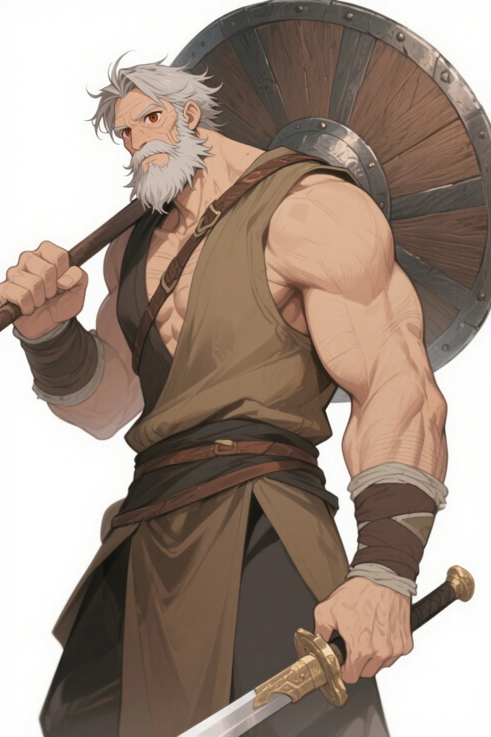 (best quality,4k,8k,highres,masterpiece:1.2),ultra-detailed,(realistic,photorealistic,photo-realistic:1.37),huge muscular old Zeus in ancient Roman Villa style gym, lifting massive rock above head, muscular, face with long white beard and wrinkles, straining with effort, intense effort in eyes, homoerotic pose, wearing waist toga & bulge,