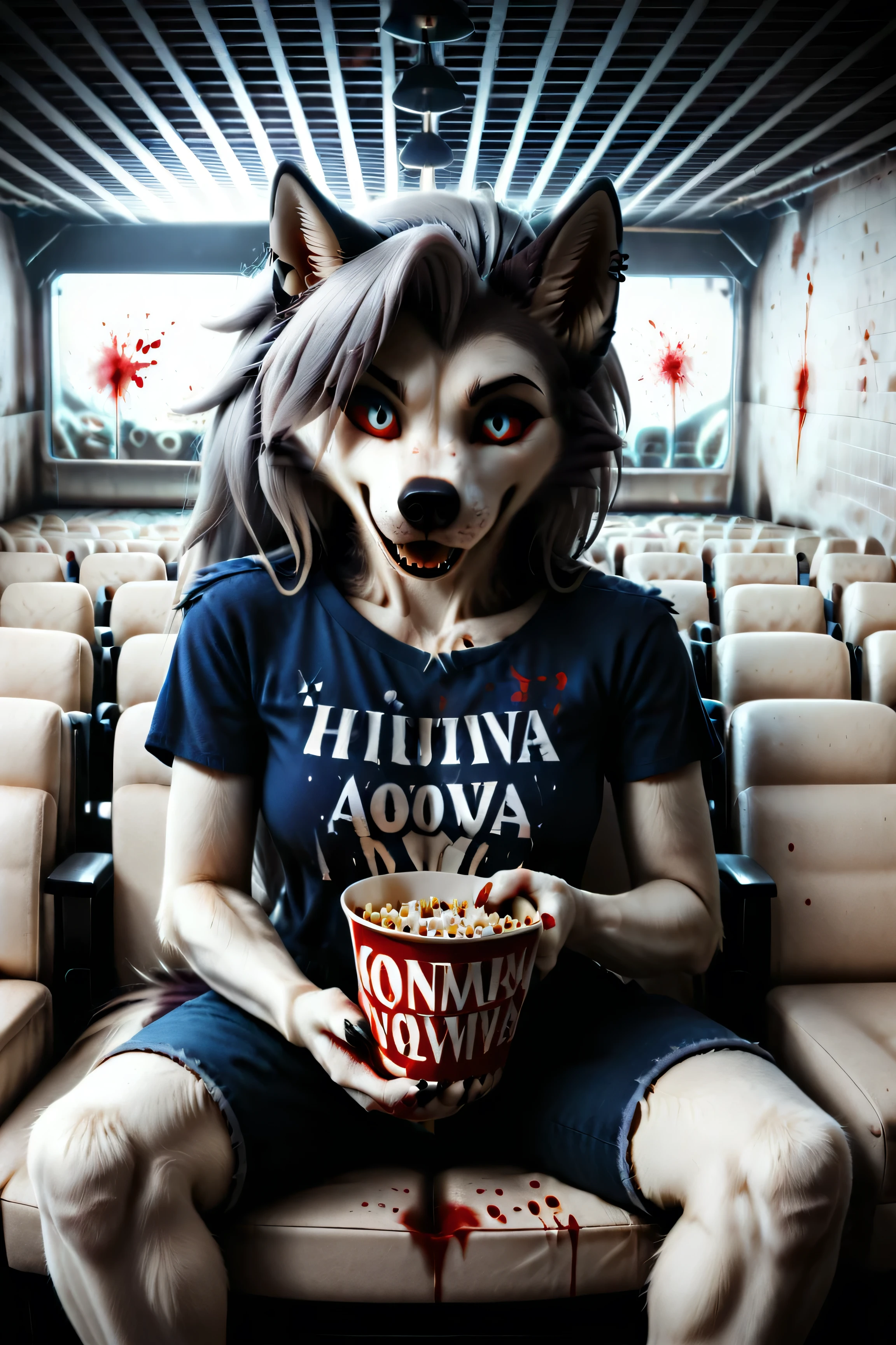 Loona, furry, fluffy tail, solo, t-shirt, jeans, sitting in a movie theater, holds in hands a striped tub brimming with popcorn, darkness, slightly from the side, superhigh-range shot, ultrahigh details, ultra-realistic photo, two-tone fur, gray fur, anthro, wolf girl, animal nose, wolf tail, red sclera, white iris, canine teeth, bangs, absurd res, detailed skin, detailed hair, extremely detailed, sharp focus, sharp details, 8k, ruanyi1050, blood splatter, indoors, cinema,