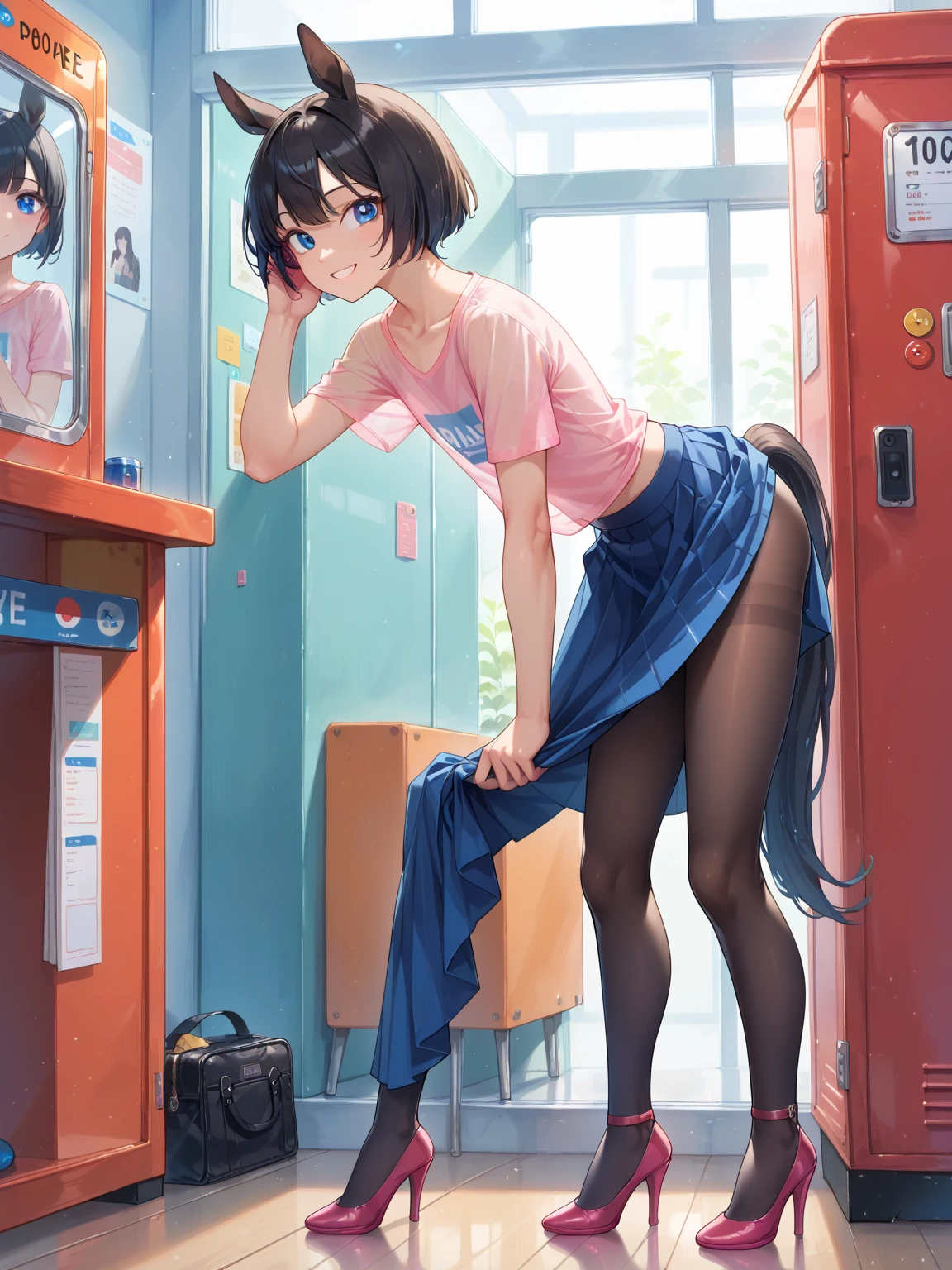 ((masterpiece)),((Highest quality)),((High resolution)),((Anatomical)),((Realistic)),((Detailed Description)), ((Full body view)), ((Perfect lighting)),((8K)),((cute)),((School classroom)),((Window)),((blue sky)),((cumulonimbus)),((FOCUS standing girl.)),(((((One little girl))),(((Loli))),(((neutral))),((child)),((8-year-old)),((Beautiful eyes)),((Baby Face)),((low length)),((Petite)),((Flat Chest)),((FOCUS WIDE HIP, AND BIG ASS, WEAR HIGH HEELS)) ((Black Ponytail)) ((FOCUS THE GIRL IS WEARING A PANTYHOSE)) ((((FOCUS THE GIRL IS WEARING A black brassiere)) ,((Seductive smile)),((Red cheeks)),(((White tank top))),(((bikeshorts))),(((1 backpack))), FOCUS back VIEW, FOCUS she showing her ass. FOCUS SHE TOUCHING HER ASS.