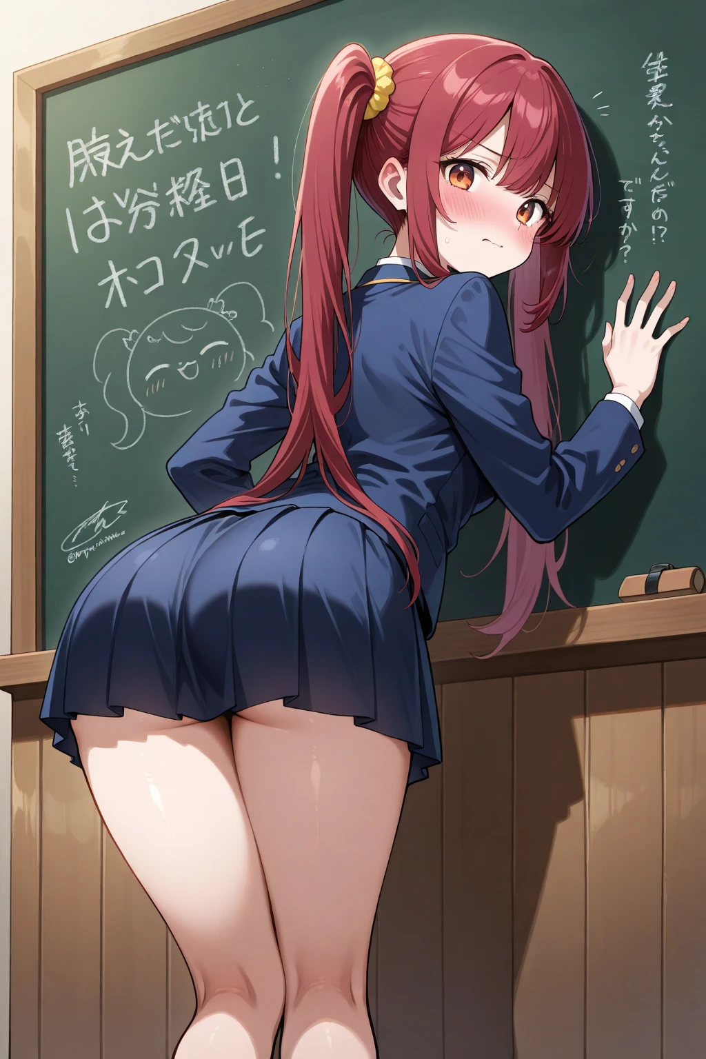 1 Female anime, dual horsetail, Red hair, Blue eyes, Sit in the middle of the classroom,Dress revealingly,black lence stockings,Bare chest,showing butt