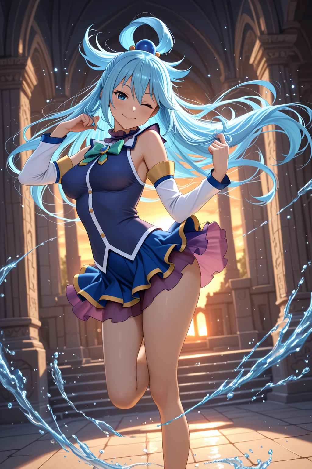 faruzandef, full body, high detailed face, high detailed dress, smile, looking at viewer, armpits, arms up, standing up, dynamic pose, medium breasts, side breasts, sexy, perfect round ass, sunny ancient ruins.