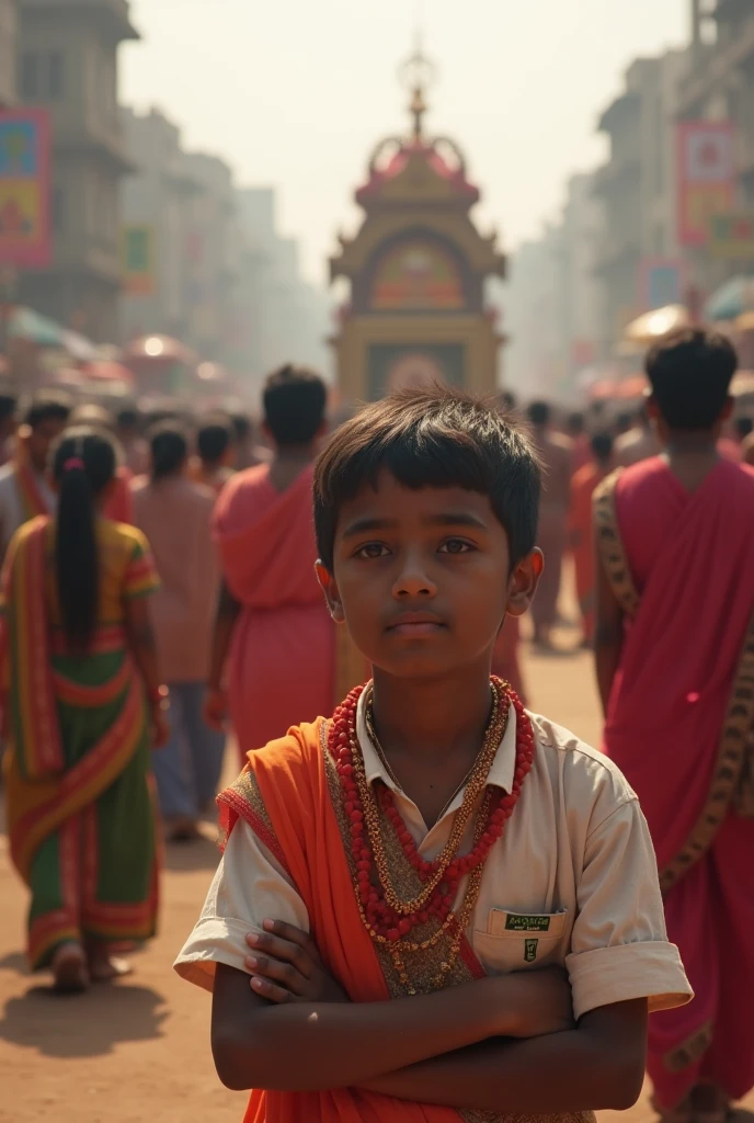 A Hindu boy is marching among thousands of people
