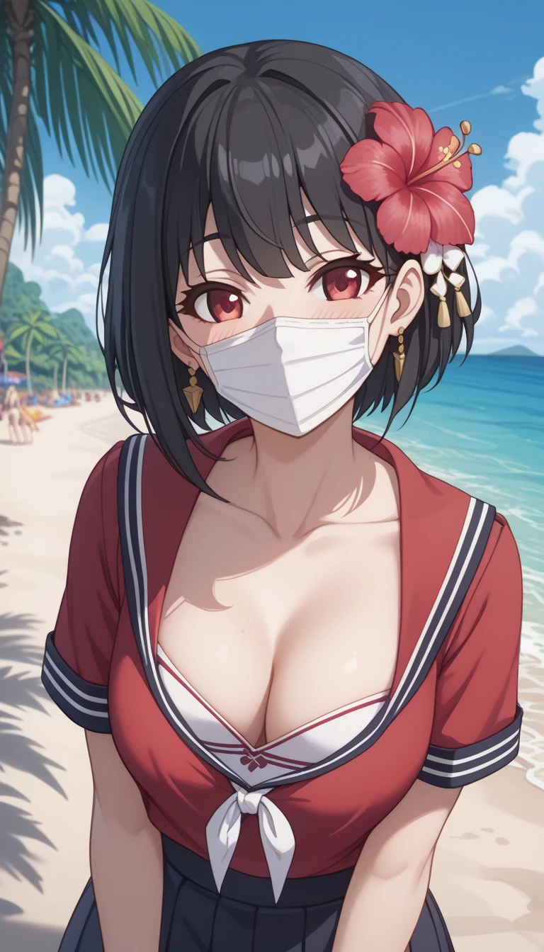 1 girls, (detailed red eyes, lange wimpern, detailed beautiful face:1.1), 4k quality, twintails, Haare Seiten nach oben, (Long black hair:1.4), (arms behind back:1.3), (big breasts:1.5), Red rope, (blushing:1.3), erina nakiri, long hair, hair between eyes, (black skirt, red crop top with a big cutout, 17 years old:1.4), (bondage:1.3), erhobene Augenbrauen, pralle Brüste, OTN, Gag, gagged, (sitting in water:1.5), wet, (near a Public beach with many people:1.5), Ankles and knees together, Ankles and knees bound together with rope