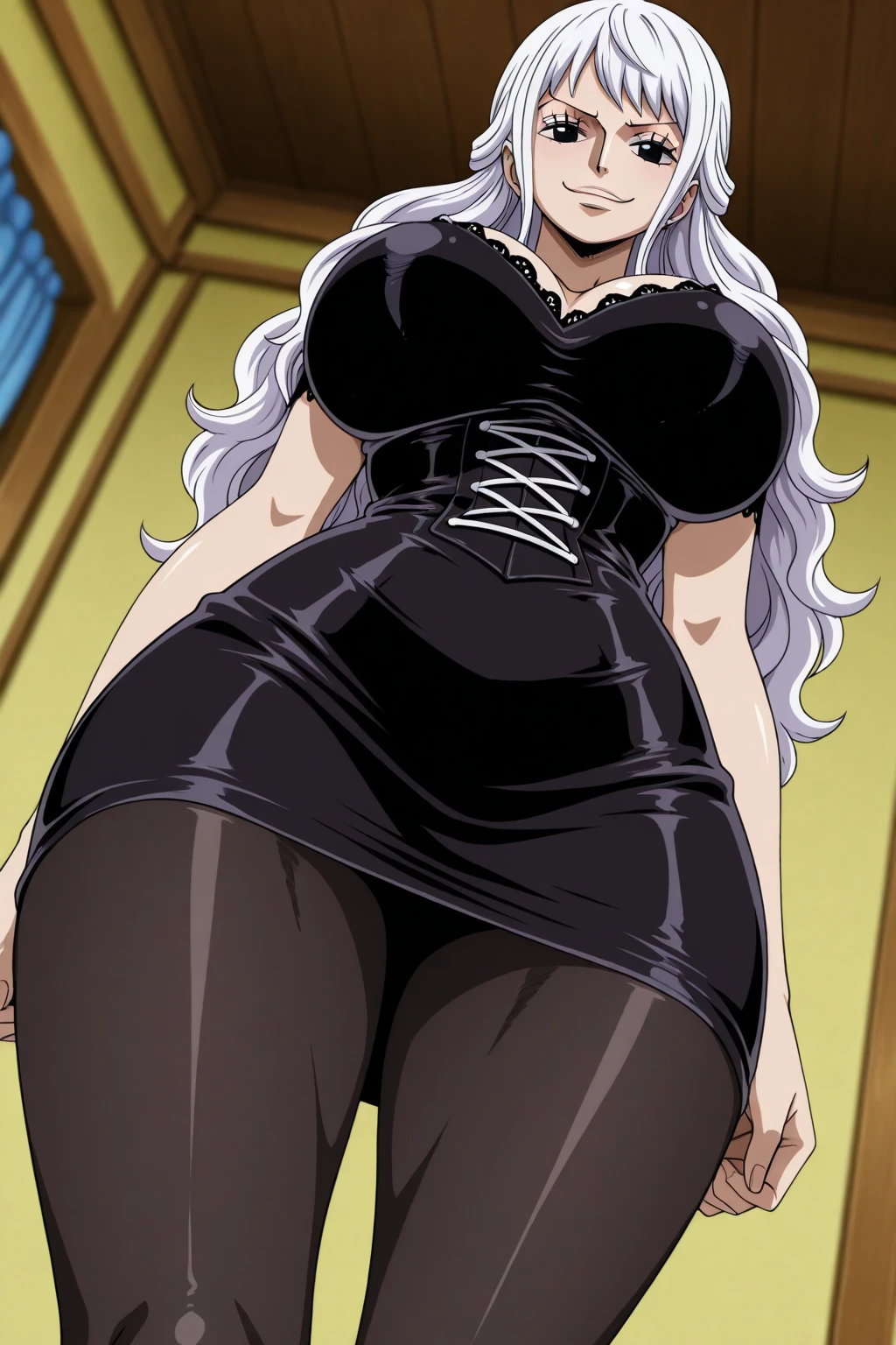masterpiece full body toe to head beautiful woman butler, 1soloMILF BIMBO full body black uniform wearing a big belt (Nylon Belt for Women) (plain background) bracelets strong body standing by wooden pole