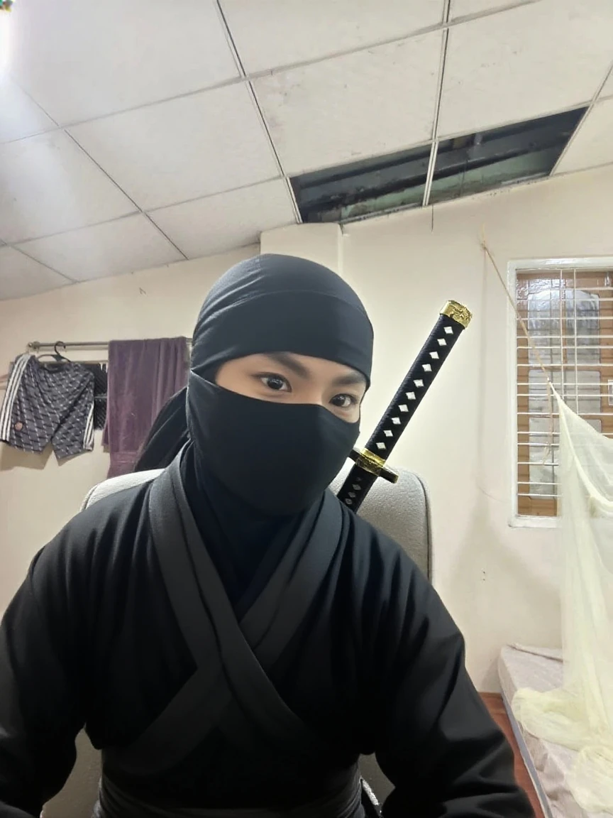 raw photo , 8K, ultra detailed, (realistic:1.2), (1man, ninja, mask:1.4), (standing, toilet:1.3),(pointing at viewer:1.3)