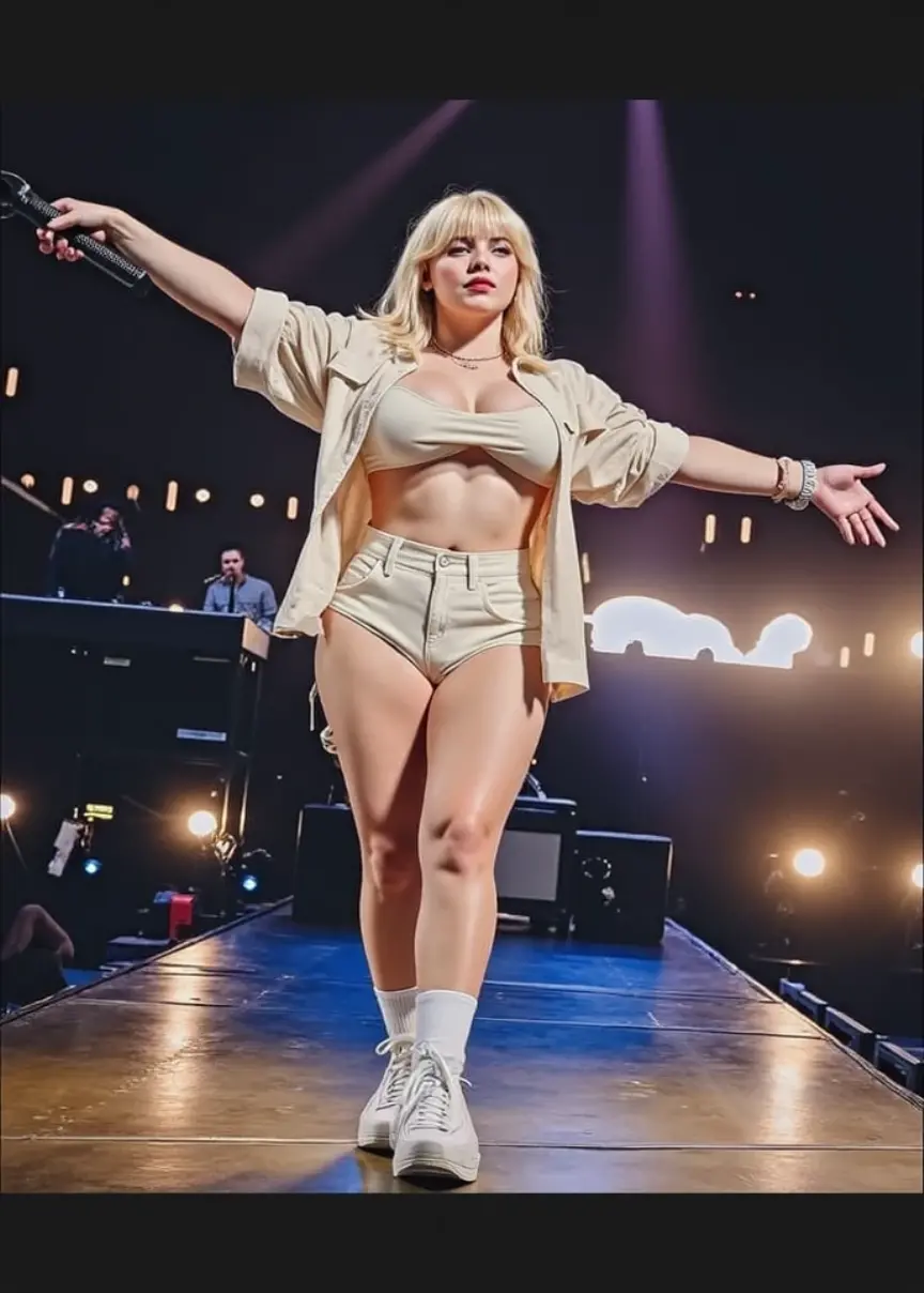 blond woman in white shorts and a tan jacket performing on stage, lady gaga artpop act ii, blonde goddess, performing on stage, lily allen, revealing outfit, the super hot and sexy, thicc, band of gold round his breasts, her wardrobe is attractive, lit from behind, her belly button is exposed, she has a jiggly fat round belly, curvy body, High quality image, masterpiece, detailed hair texture, detailed skin texture, detailed cloth texture, 8k, add fabric details, ultra detailed skin texture, ultra detailed photo, skin pores, cloth details, high skin details, realistic hair details