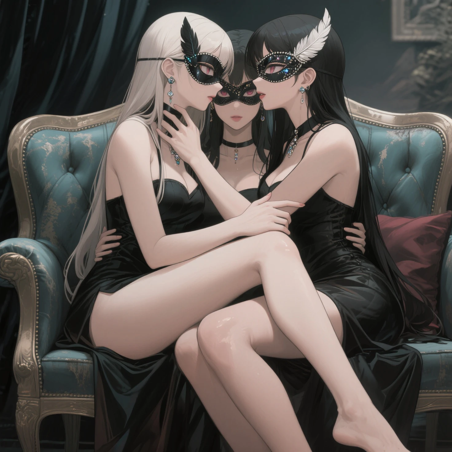 best quality, masterpiece, highres, 3 noble girls, luxury chambers bedroom background, lying on bed, lesbians, making out, romantic, kissing, intimate, laying on eachother, hugging, touching each other, touching butt, touching brests, kneeling, shot from behind, touching eachother, seducing, snapping, white and even teeth,full body shot, shot from behind, makeup, eyes with very sharp and detailed makeup, lipstick, very long hair, different hair colors, ponytail, hair ornaments, Pretty face, magic import style, tyndall effect, photo realistic, dark studio, border light, two tone light, (high detail skin: 1.2), 8k uhd, dslr , soft light, high quality, volumetric light, candid, Photo , high resolution, 4k, 8k, Bokeh, In the Dark: 1.6), surreal full body of women by David Hockney and Alphonse Mucha, fantasy art, photorealism, dynamic lighting, station art, posters, volumetric lighting, highly detailed faces , super 8k, Awarded, in the dark, deep shadow, low light, bust, Royal style family, Best face, Very round and tight breasts, Surreal, guweiz, (full body), (Background detail 1.8), moderately big butt, asian style, maid, bride, wearing maid outfit, wearing wedding dress, victorian dress, lace dress, gothic style, asian face, sharp cheekbones, lace corsait, choker, collar, long gloves, dress, miniskirt, makeup, stockings, stocking garter, all wearing stockings, lace stockings, stockings with hooks on underwear, garter belt, very long boots, wearing overkenee boots, high heels, stilettos, goth style, gothic style