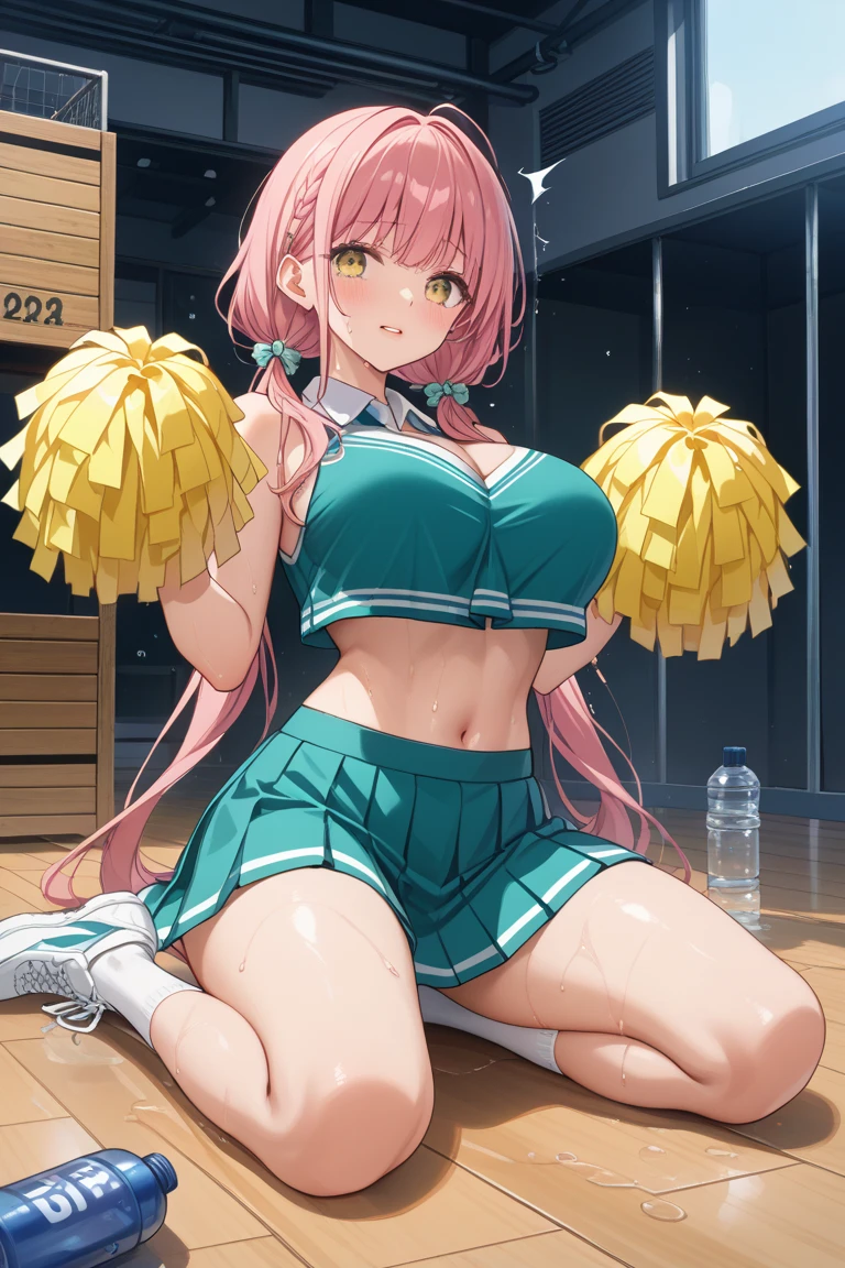 , aalala, long hair, ahoge, hair ornament, green eyes,pink, , (((huge breasts))),,,looking viewer,,,nature,smile,(blush),cheer leader costume,cleavage cutout,open mouth,miniskirt,cowboy shot,nsfw