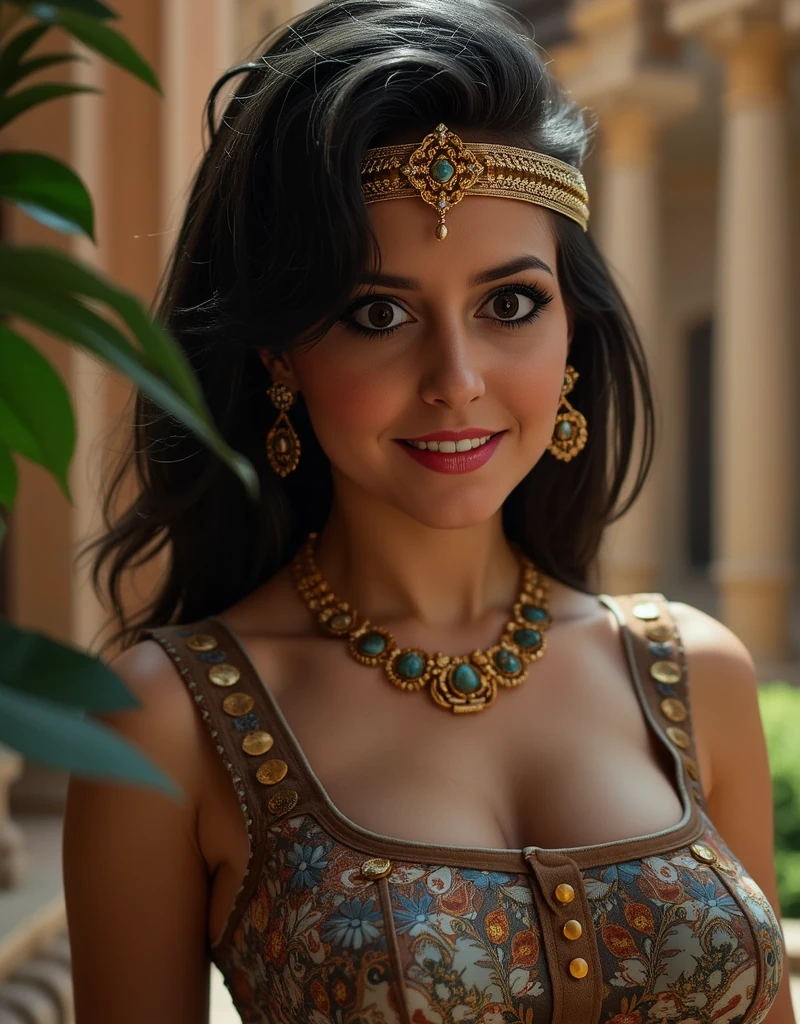 A captivating Aztec woman, her body adorned with intricate jewelry and her smile radiating with joy.