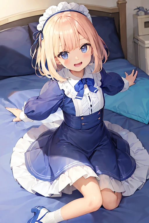Adorable baby girl with blue eyes, blonde hair, wearing a frilly blue bonnet, frilly blue onesie, wearing a frilly white diaper, wearing white stockings, laying in a crib