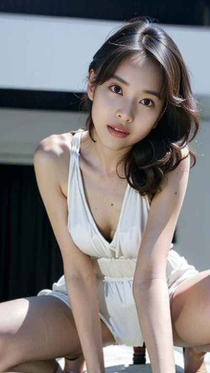 Highly detailed CG Unity 8k wallpaper, top quality, super detailed, masterpiece, realistic, photorealistic, highly detailed girl, (30 years old), blush, round eyes, medium breasts, semi-body shot, white wedding dress, kneeling