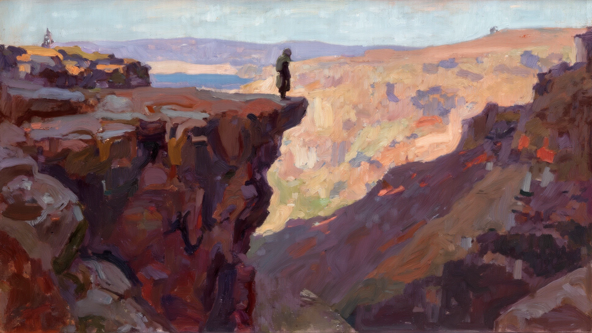 A primitive man with a human head and the body of a snake on a mountain peak