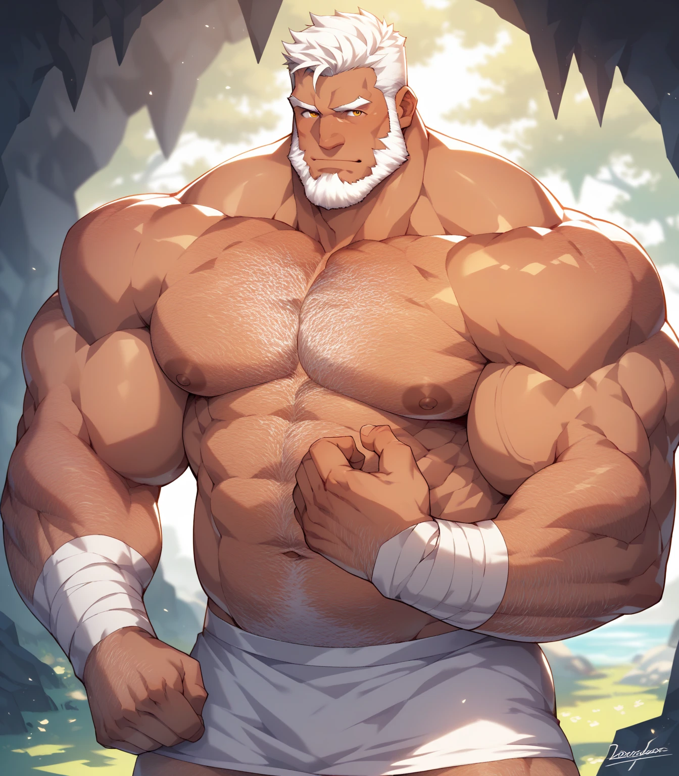 solo, 1boy, perfect anatomy, perfect proportion. Huge Muscular Old man sitting in sauna, steam, wearing fundoshi, pectoral, thick arms, huge pectoral, wide pectoral, short white hair, red beard and hair, simple background, masterpiece, semirealistic:1.2, high detailed, 8k, high resolution, perfect center, full view. ((really big muscle, massive muscular, sixpack, thick arms, wide pectoral, super huge muscle, hyper muscular, over sized muscle, huge arms, big arms, huge pectoral))