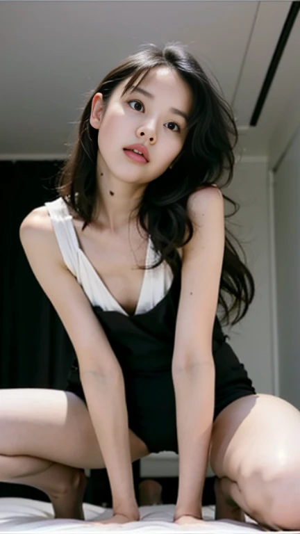 (Plain dark blue T-shirt, See-through high leg panties, Beautiful nudes, Show beautiful thighs, Facing forward:1.5),
((I love you?, I want to kiss you?, I want to fuck you?, cheat with me?:1.2)),
((Get excited by my body?, Where are you touching? Naughty!, Your dick is getting hard, You were thinking about something naughty, I'll give you a kiss on the penis:1.3)),
((Come closer to me, Kiss my neck, Touch my , If you touch me that much I'll feel it, I like you:1.3)),
((Sexy atmosphere, hold out your lips, Disheveled Hair, A sigh escapes)),
((Late Night, Pink wall, Complete darkness, Lying on the floor:1.2)),
((Masturbating in a sexy pose, Caress the breasts, Caressing the crotch, Spread your legs a little:1.5)),
((28 years old, Elegant beautiful female announcer:1.5)),
((Earrings that match your outfit, Silver Necklace:1.2)),
((Pink nipples, Small areola, Manicured pubic hair)),
((Squint your eyes)),
((purse your lips:1.2)),
((Blushing:1.2)),
((Small breasts,Flat Chest,Tits bulge, Softness of:1.2)),
Eye focus, Round shoulders, Soft belly, Slim waist, Beautiful feminine hands, Feminine slim legs,
Ultra-detailed lips, Fuller lips, Glossy pink lips, Flushed Cheeks, White teeth,
Beautiful actress's languid make-up, Pink lipstick, Smoky eyeshadow, Eye foundation,
Dark Brown Hair, Delicate and soft hair, Hair blowing in the wind,
(Elegantly putting your hair up, short hair, ponytail:1.2),