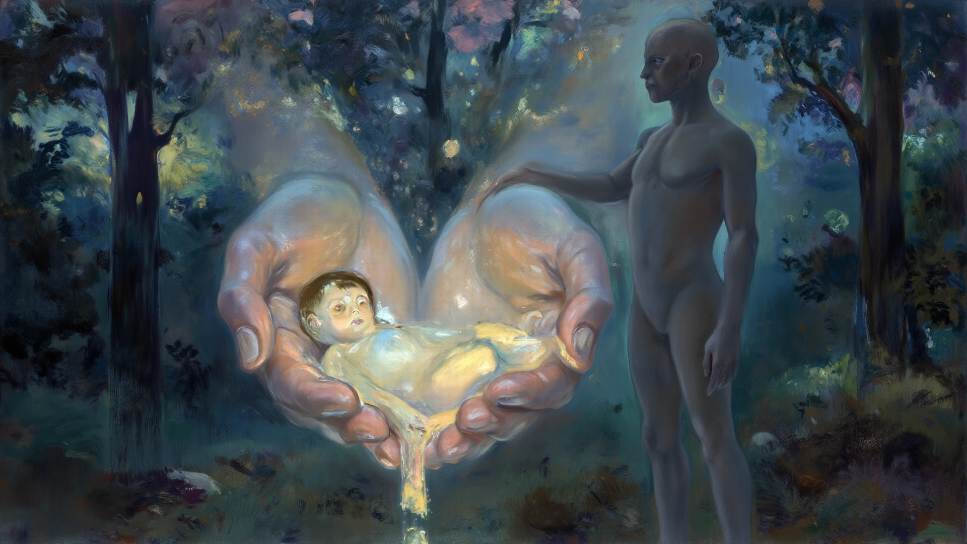 Mythical creatures, author：Zdzislaw Beksiński and Vincent Van Gogh,romantic, Surrealism ,Smiling Baby