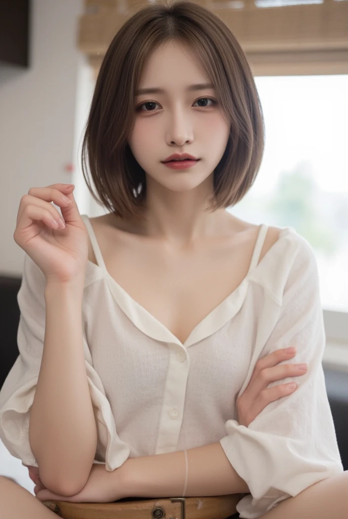 ((Best Quality, 8K, Masterpiece: 1.3)), Sharp: 1.2, Perfect Body Beauty: 1.4, Slim Abs: 1.2, ((Layered Hairstyle, Big Breasts: 1.2)), cleavage, (Wet White Button Long Shirt: 1.1), (School: 1.2), Wet: 1.5, Highly detailed face and skin texture, detailed eyes, double eyelids, looking at the camera, innocent, (Arrousted: 1.3)
