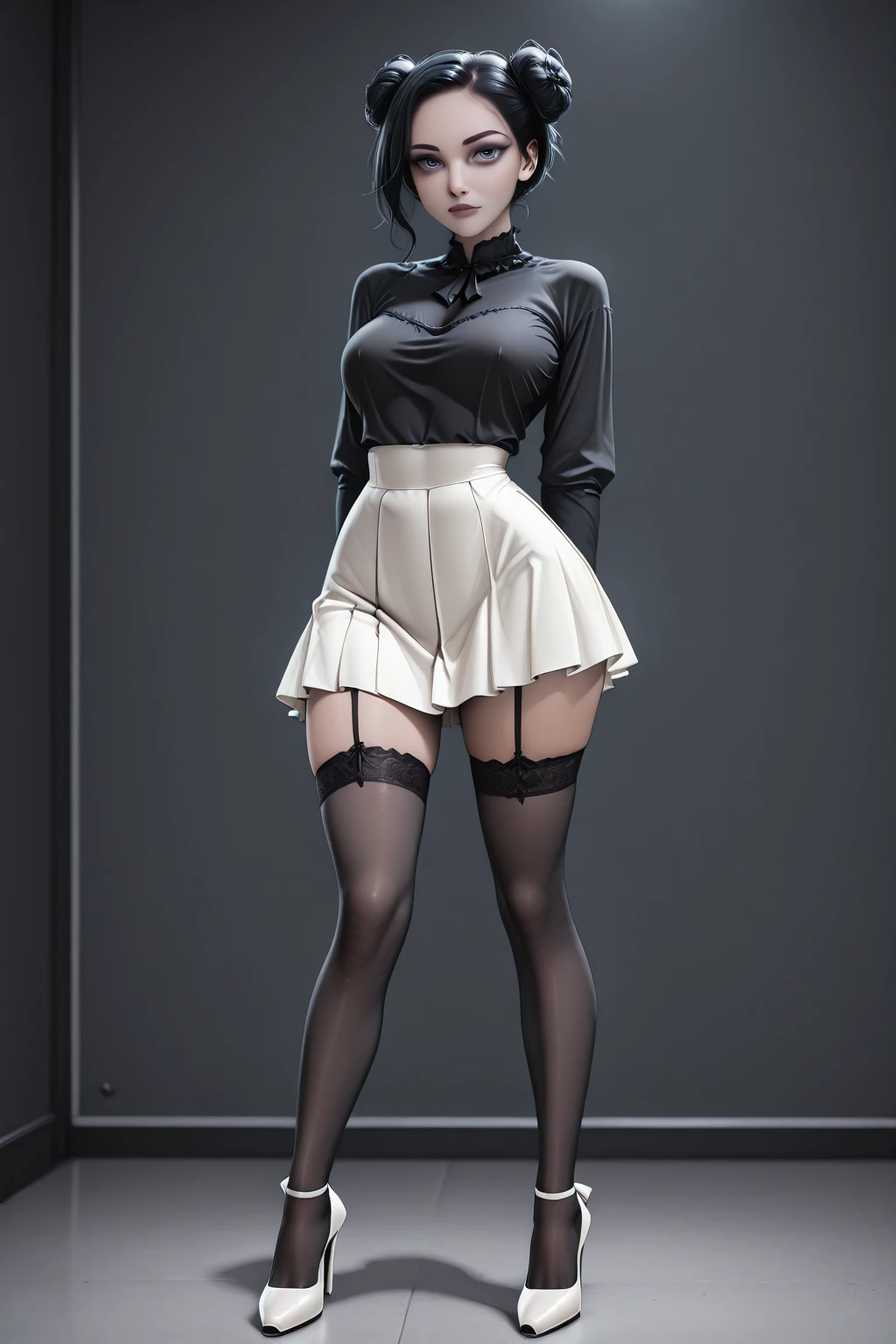 Master of animation, A perfect masterpiece, On a pure white background、Dressed in cool, sexy and modern clothes、Sexy mature modern woman standing, Flowing silver hair, Full Body Stand Posture, Thin legs, ((Large Breasts)), Detailed facial details, Natural and beautiful standing posture, Crisp and realistic body detail,(NSFW:0.8)