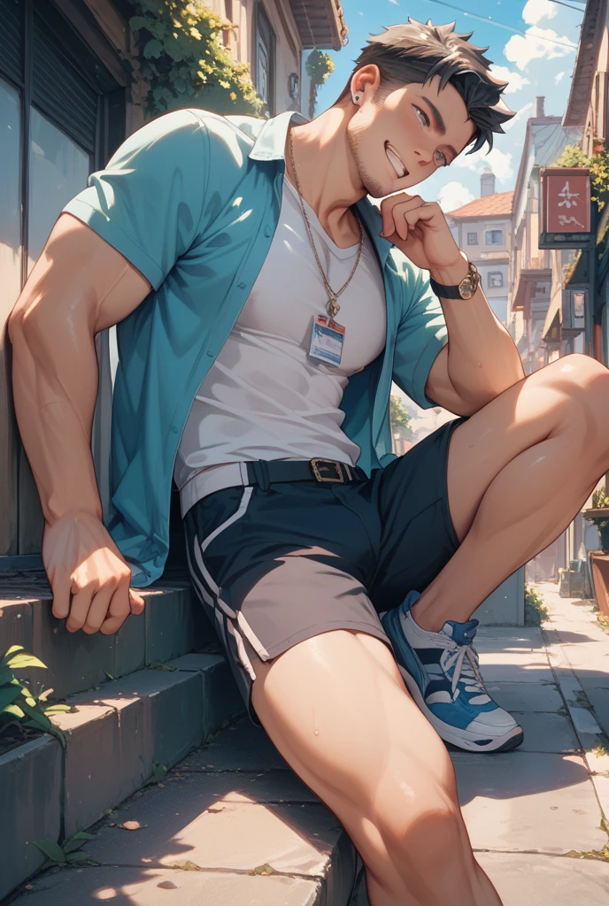 Masterpiece, Best Quality, Realistic, 1 young guy, Luffy (One Piece), he is dressed in casual clothes, oversized clothes, full body, in Air Jordan shoes, dynamic pose, city