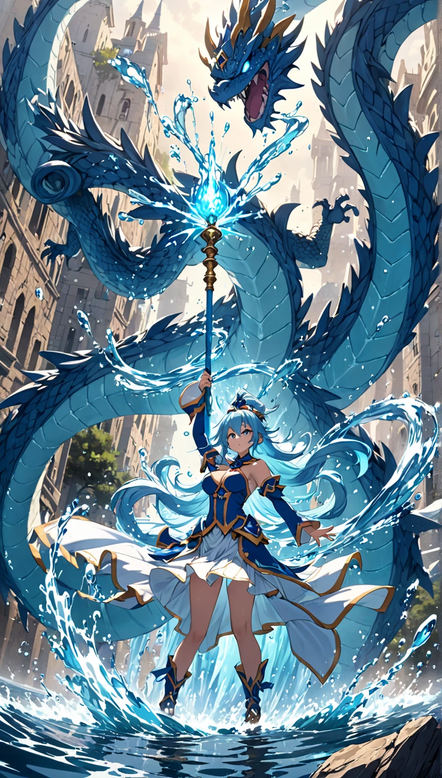 Masterpiece, best quality, ultra-detailed, anime style, full body of space marine primarch girl, azure blue and green power armor, held Trident, giant, supernatural Water and prism shard, ((Decoration in the form of snake scales)), war hammer 40K, 8k high resolution, trending art station, white background, whole body, standing on creak.