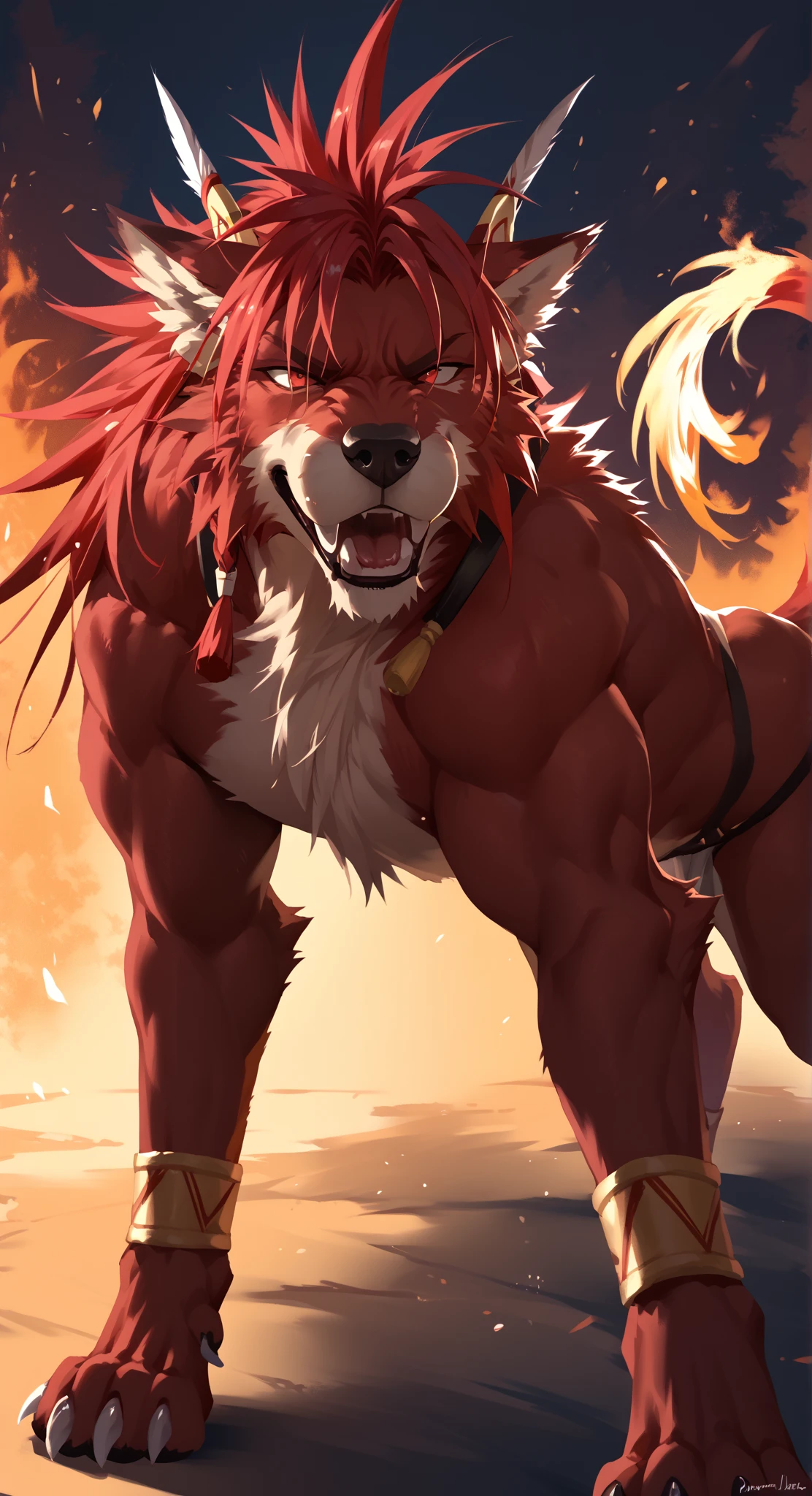 (((looking back,fake smile))), ((( \(perfect anatomy\)))),, strong, (from behind), ((Show your paws,foot focus,paws with claws)), Tail, Handsome, fluffy mane, Common, Yes, Kiyoyama, Red body, white hair, (by kenkert), (author:Pino Deheni)author:Pino Deheni, crab clams, milk tiger,Naked upper body