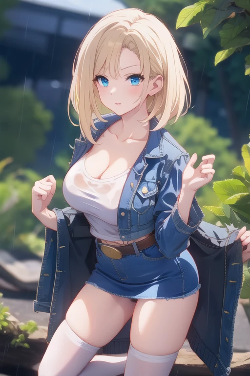 highest quality, High resolution,4K,8K, and 18, 1 girl, android 18, alone, blonde, blue eyes, short and thin hair, 耳Nipple Ring, gem, denim dress, open your vest, full nude胸, cleavage in the middle of the chest,((nipple:1.4,genuine,I got an erection)),((areola:1.4,small,genuine)),((spread your legs:1.8)),((between the legs,full nude)),((show me your pussy:1.6,genuine)),((pussy juice:1.6)),denim skirt, blue skirt, cowboy lens, street,((full nude腹部)),((behind my back:1.4)),