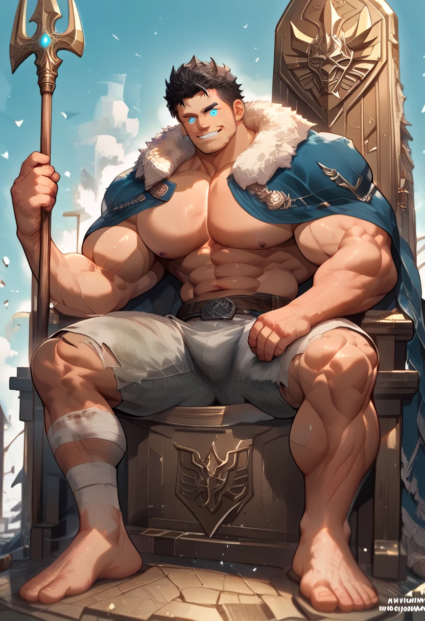 burly virile bulky man, overmuscular and musclebound, bulging veiny muscles, broad shoulders, wide chest, overly thick arms and legs, thick body, a hulking figure with swelling muscles, a long bushy beard and a thick mustache, grey hair, a king sitting on his throne, high detail, medieval, realistic, detailed face, clear countenance