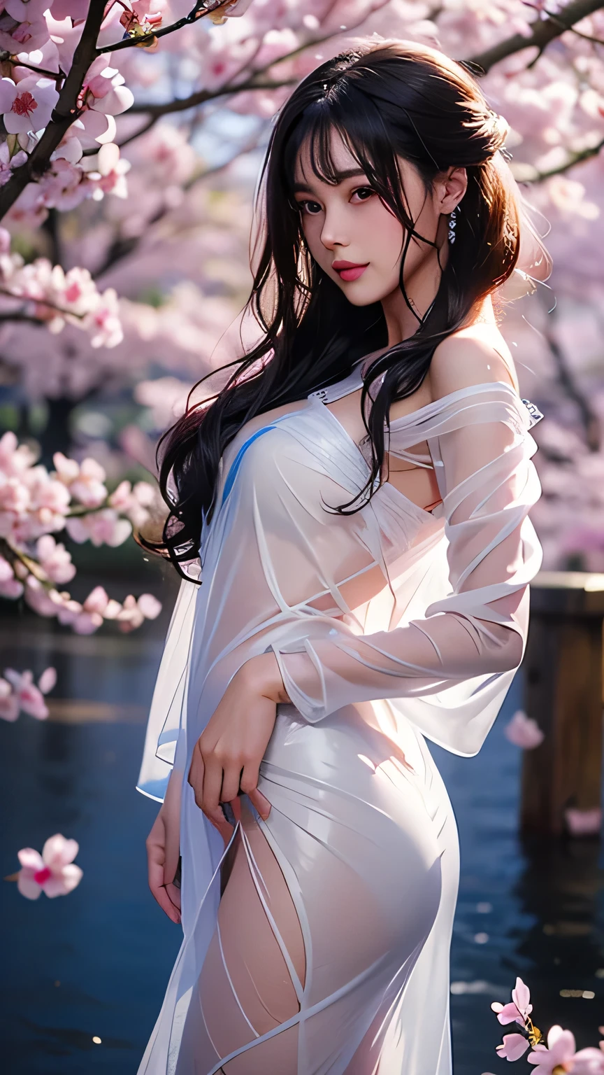 loose clotheare shoulders、How to wear a dress with a damaged halter neck、Decorated with intricate patterns and bright colors、Transparent material，Leave skin glowing、穿着湿薄布和clear skin长袍的女人的艺术描绘, 花卉和梦幻般的图案与流动丝滑的传统clear skin。Her dress hugged her curves elegantly、Emphasize her captivating silhouette。She  the gentle night of fireworks、Posing dynamically、posture、Bathed in the soft moonlight。on site 、With a touch of mystery and sensibility、Exudes an ethereal and dreamy atmosphere。Image style 、It blends watercolor and digital illustration techniques.、Let you feel the exquisite beauty and charm。Soft moonlight lighting、Casts soft highlights and shadows on her stunning features。Posing dynamically、大胆posture、hand somewhere、see through、show through、one、wet hair、wet、Cherry blossoms树下花瓣、Cherry blossoms、Cherry blossoms树、Cherry blossoms暴风雪、bury、clear skin、wet clothes、pull、Fully transparent clothes、on the water、