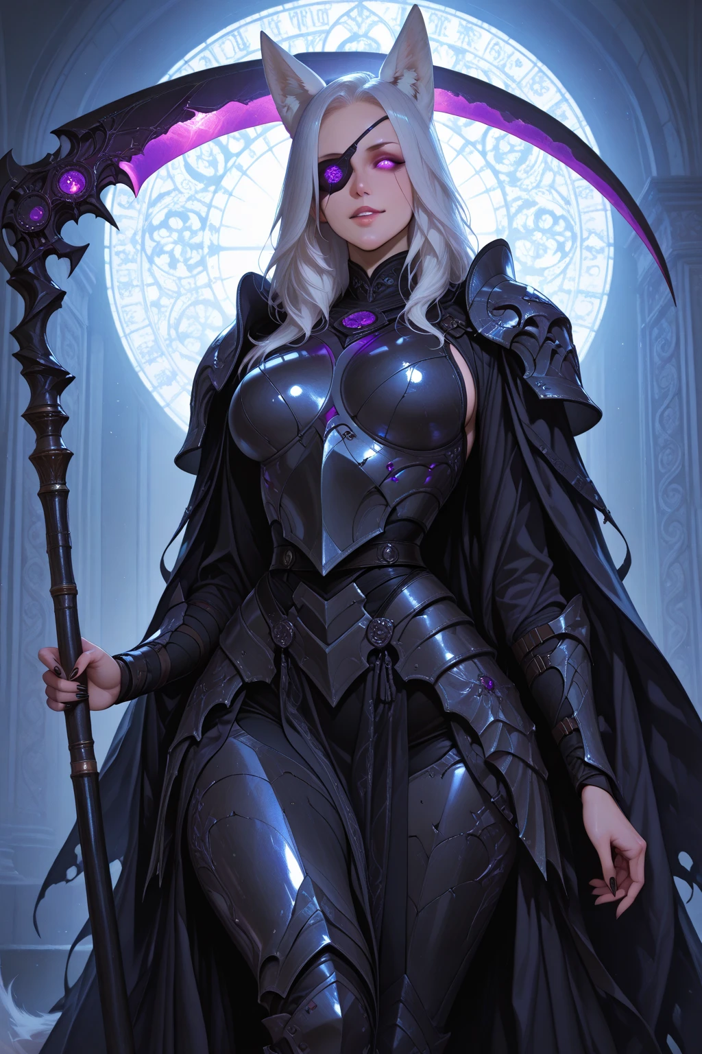masterpiece, best quality, 1girl, woman, dark fantasy, horror, evil, death, dramatic, lighting, shading, dungeon, necromancer, mage, white hair, detailed face, eyes, lips, cleavage, waist, black gown, black swimsuit, straps, belts, harness, skeleton armor, bone armor, pale skin