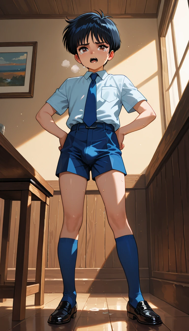 ryuuji_takasu,blue hair,sanpaku、fullnude、Slender body type、(There are Gakuran students around)+++、(penises)、penis、Flaccid penis,Phimosis penis、(Crab crotch)、Body with little muscle、Slender body like a boy、Small penis、(Short penis)＋＋＋、‎Classroom、schools、opening legs、 I'm holding the penis in one hand、Masturbation、(pubick hair)、I'm wearing only gakuran's jacket、Lower body naked,I'm surprised