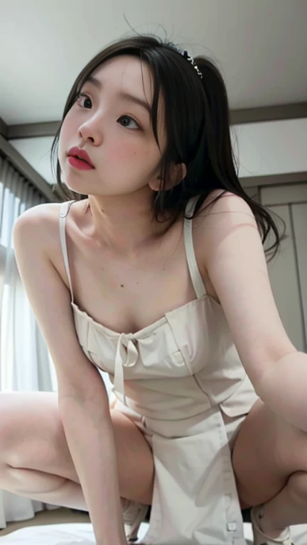 Looking down at the beautiful girl sitting on the floor from directly above、selfie , undressing 、head tilt, (flat chest)、japanese school uniform、school uniform、(drooling)、open_mouth、(wet)、(13 years old)、Fashion trendy beautiful and charming beautiful girl、A gentle and charming Chinese beautiful girl、attractive oval face、double eyelid、smart peach blossom eyes、pink lips、small nose、Ultra high definition、Super fine、Extremely thin light passes through