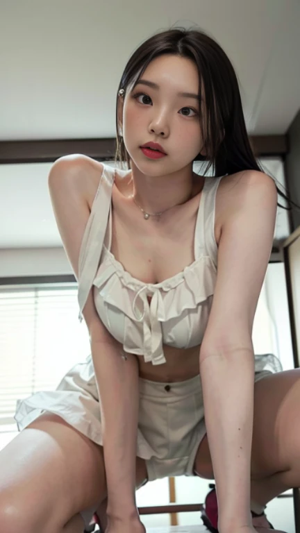 Highest quality、Japanese、Sweaty、Spread your legs、Semen flowing from the vagina、Thick pubic hair、Covered in semen、naked、Black maid outfit、Frilled Skirt