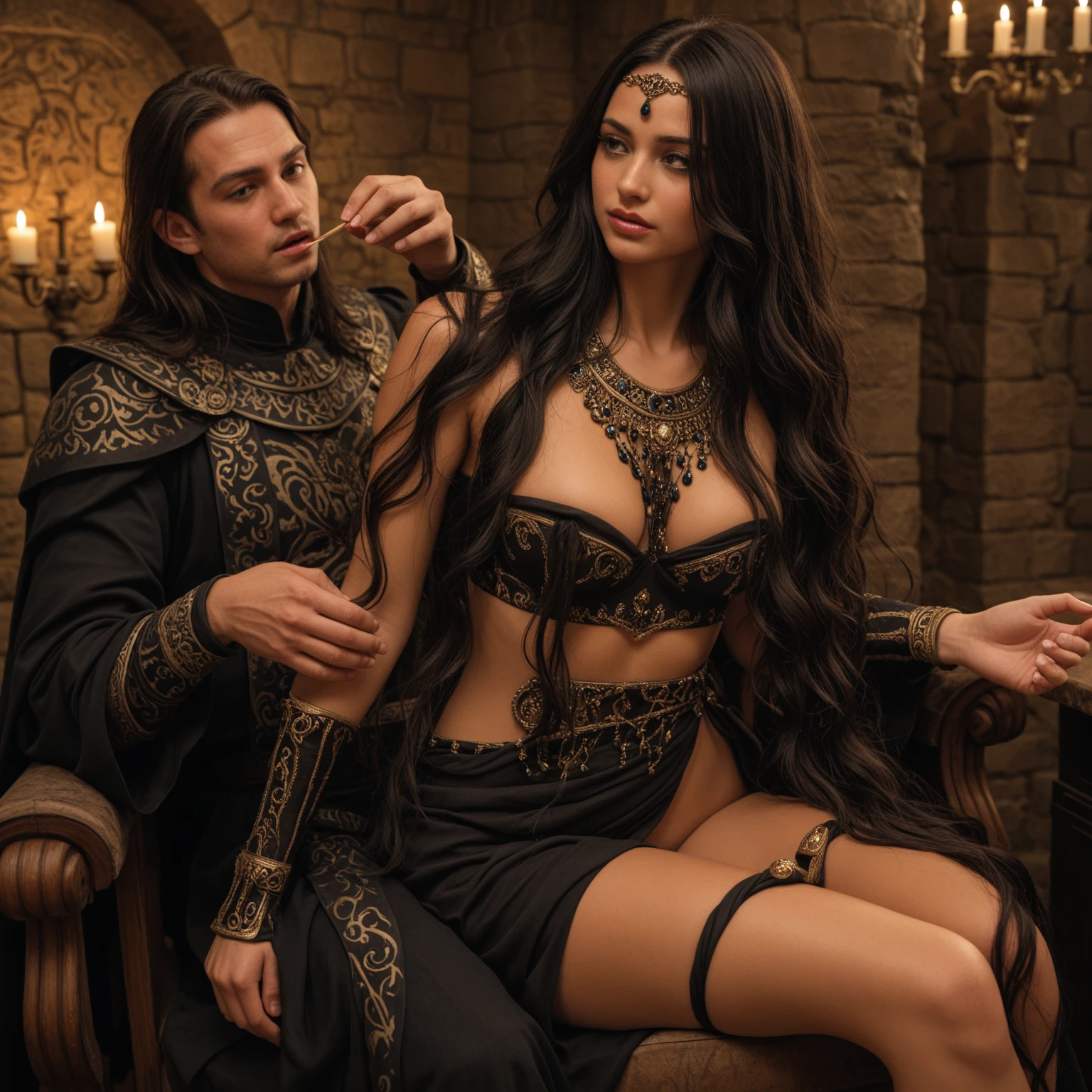 Title: "Enchanted Desire: A Tale of Passion and Darkness"
A captivating dark romance book cover featuring an enticing scene between a seductive, shirtless man and a mesmerizing native woman. The man, with chiseled abs and mysterious allure, leans against the stone railing of an ancient, narrow staircase, his piercing gaze following the woman below.
The woman, dressed as a tantalizing witch, sports vibrant purple and black clothing, her hair a cascade of luscious, highlighted patches of deep purple. Her dark, captivating eyes hold an allure that draws the viewer in, and her finger tips, ad