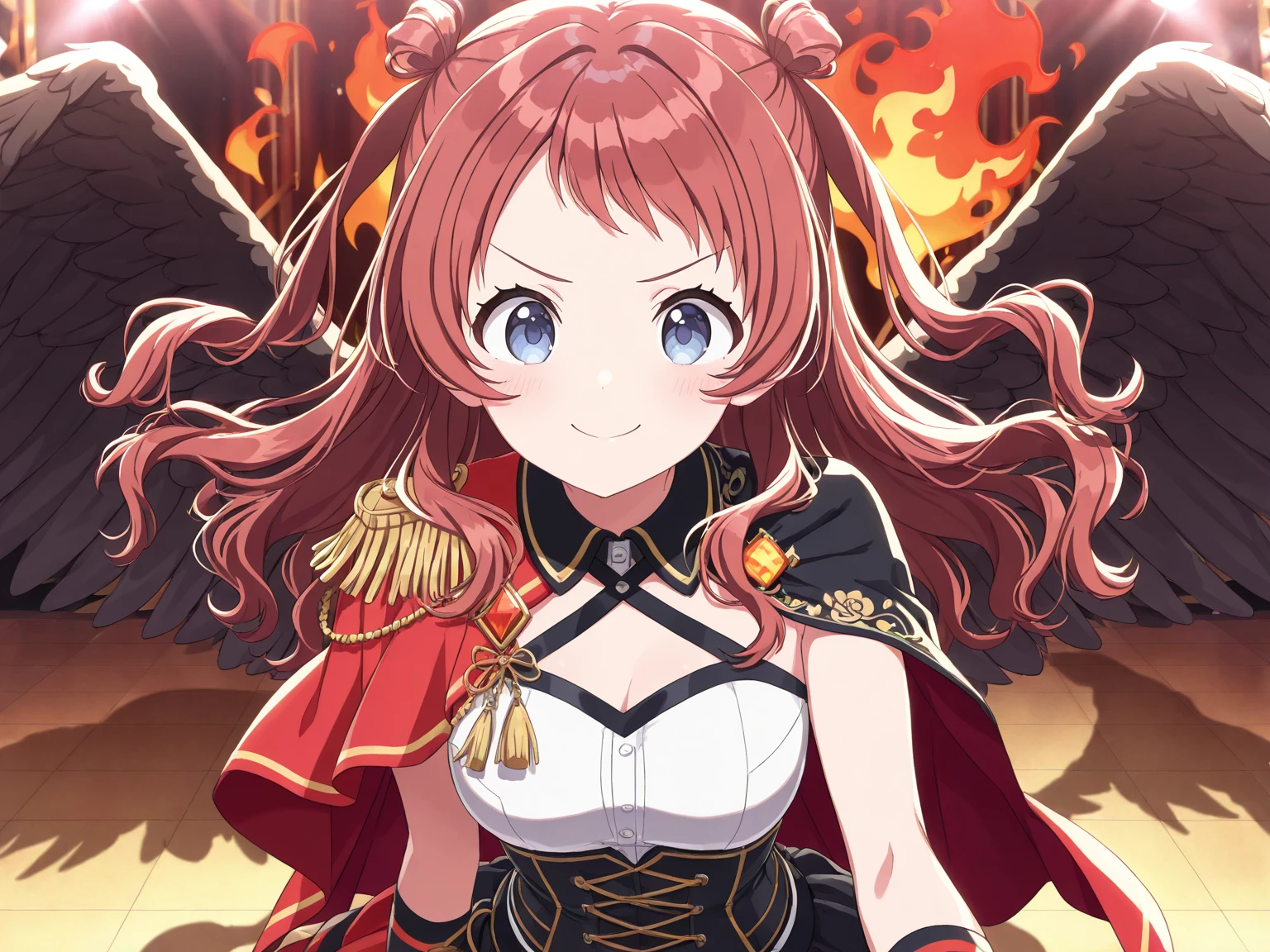 (((Girl holding a smartphone in her hand))), (Very large breasts), (Surreal), (figure), (High resolution), (8K), (Very detailed), (Highest quality), (Super detailed), (masterpiece), (Detailed face), alone, 1 Girl, Smiling, Odd Eye, Right eye is red, Left eye yellow, The whole body is shown, Hololive, Houshou Marine