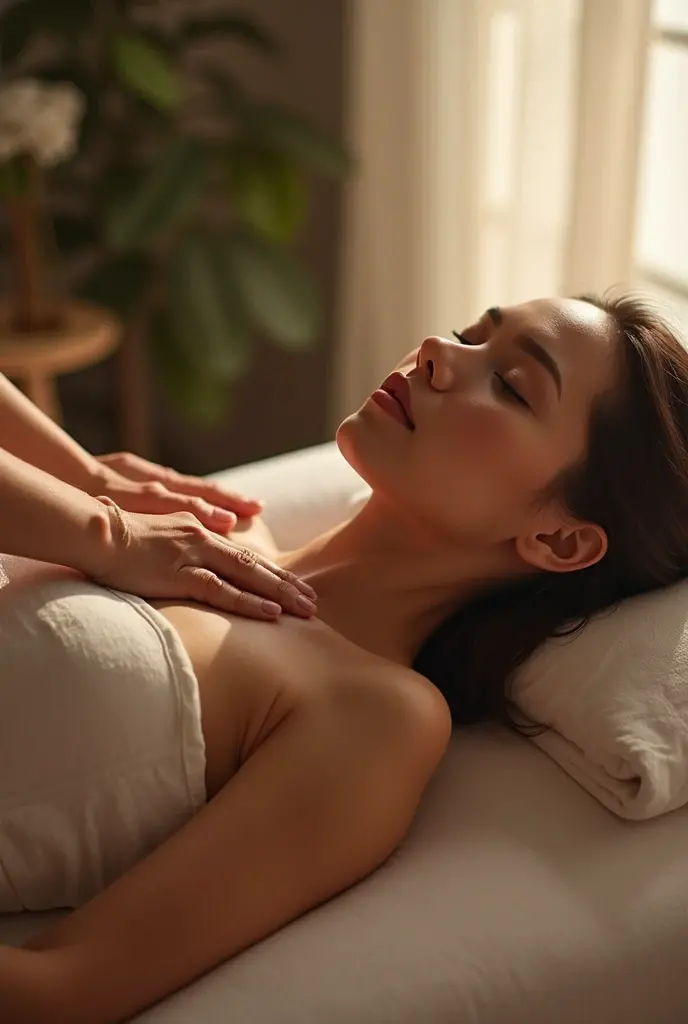 A hot woman getting sensual breast massage, relaxed, sleepy.