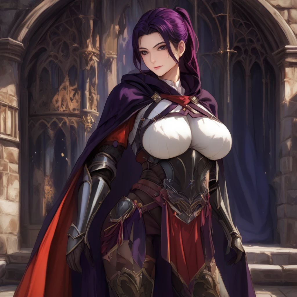 masterpiece, best quality, <lora:sovwitches-nvwls-v1-000009:0.8> marla, hair bun, sidelocks, purple skin, cape, black dress, puffy sleeves, cleavage, purple gloves, pelvic curtain, black thighhighs, black sclera, white eyes, huge breasts, upper body, furrowed brow, smile, night sky, forest, looking at viewer  <lora:coloredSclera-000010:0.5>