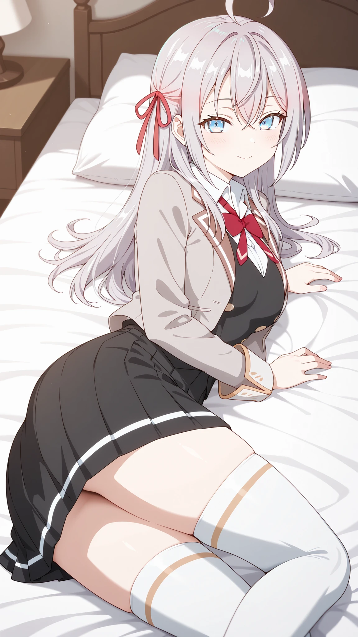 1girl, solo, full length, long hair, twintails, large breasts, looking at viewer, legs, hands, five fingers, bangs, smile, parted lips, heterochromia, red eyes, blue eyes, lying , arrogant smile, legs, stockings, indoors, on the bed, takes off one stocking, black blazer, white shirt, classic shirt, shirt under blazer, blue skirt, short skirt, pleated skirt, white stockings, crossing legs, large breasts, low twintails, best quality, detailed, bare shoulders, heterochromia, red eyes, blue eyes, bare hip, hands down to stockings, legs up,